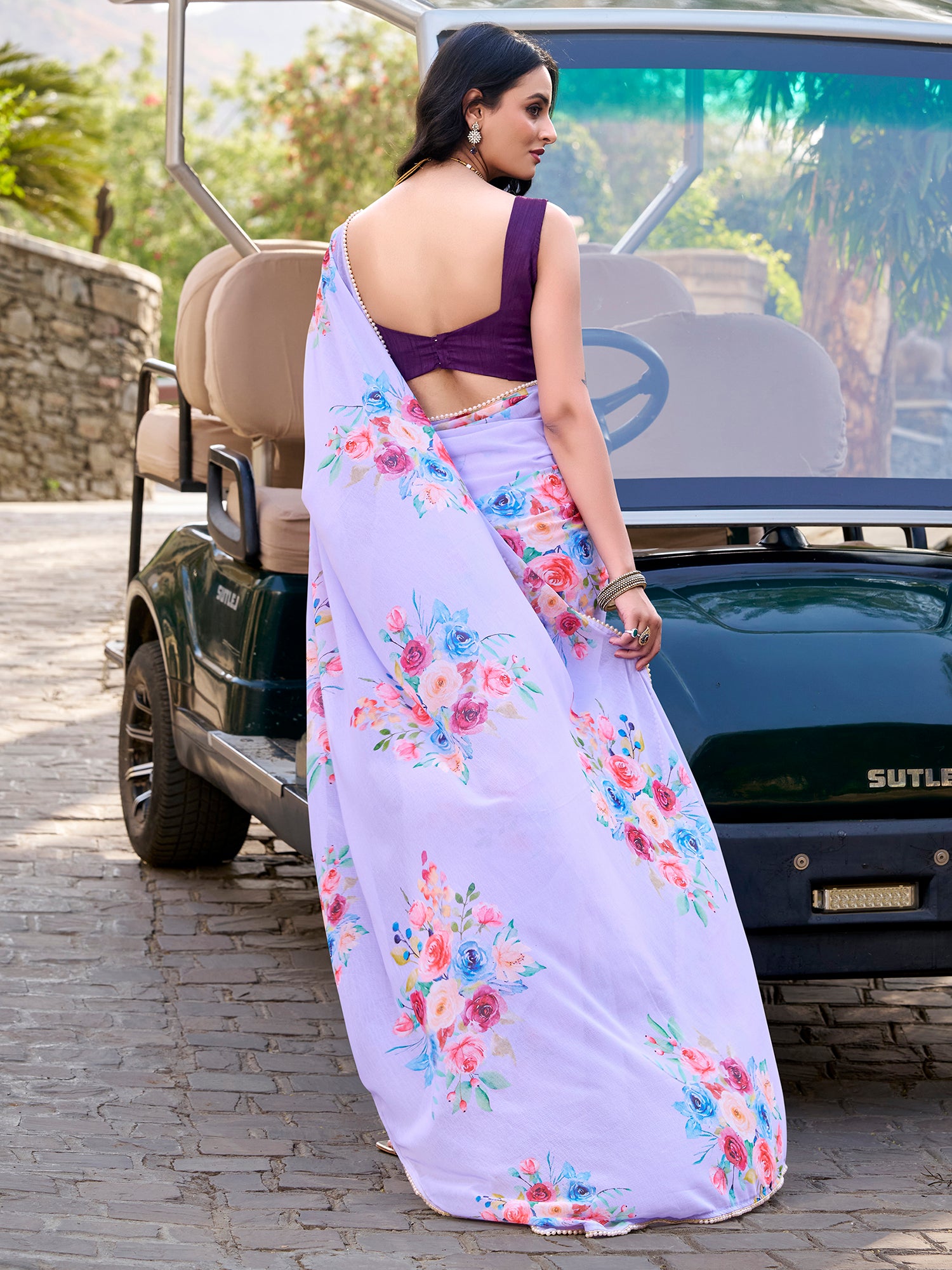 Captivating Lavender Floral Printed Crepe Casual Wear Saree With Blouse
