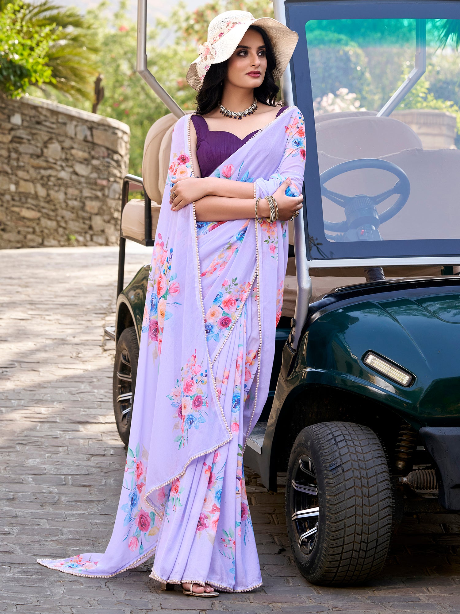 Captivating Lavender Floral Printed Crepe Casual Wear Saree With Blouse