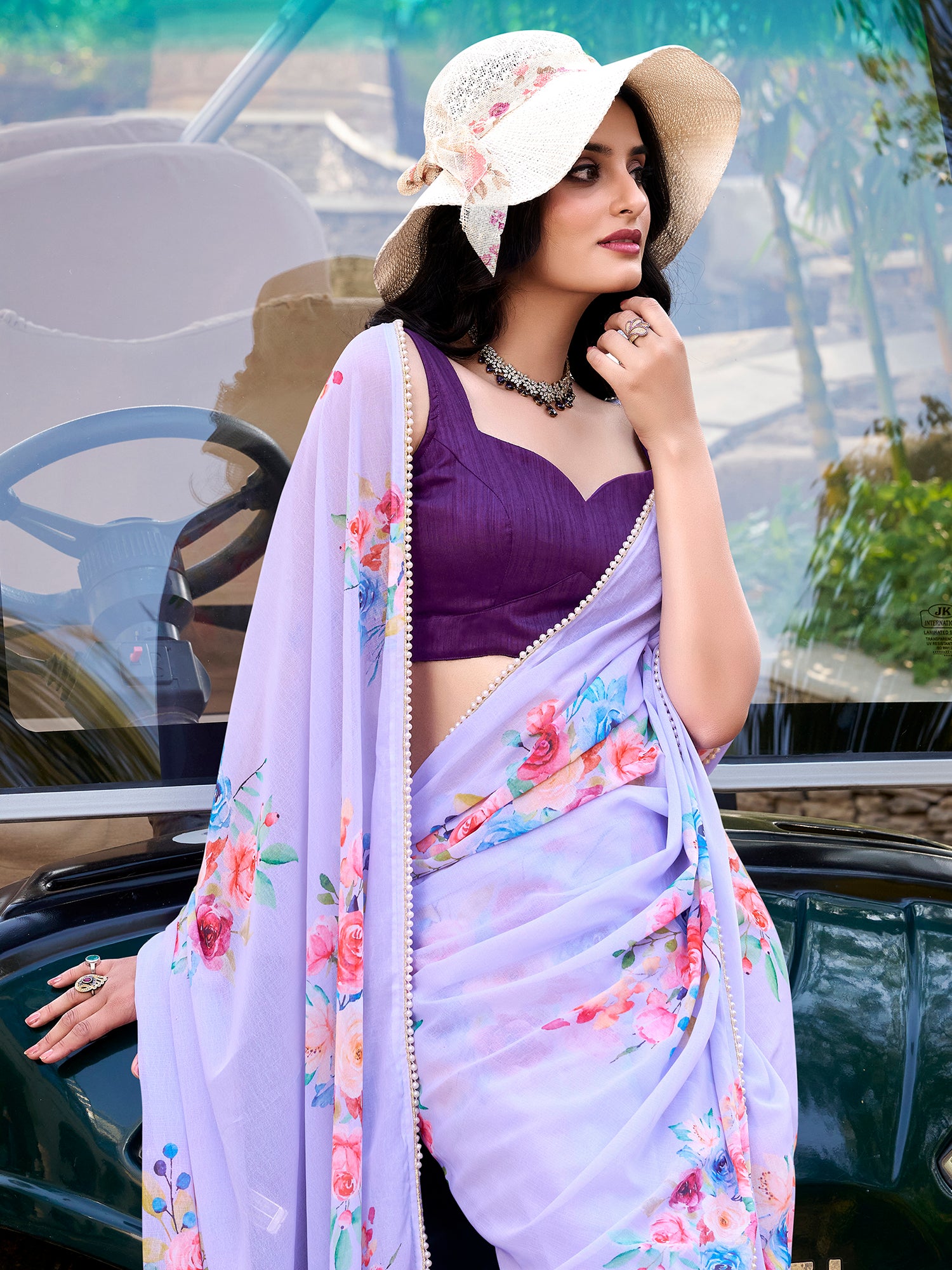 Captivating Lavender Floral Printed Crepe Casual Wear Saree With Blouse