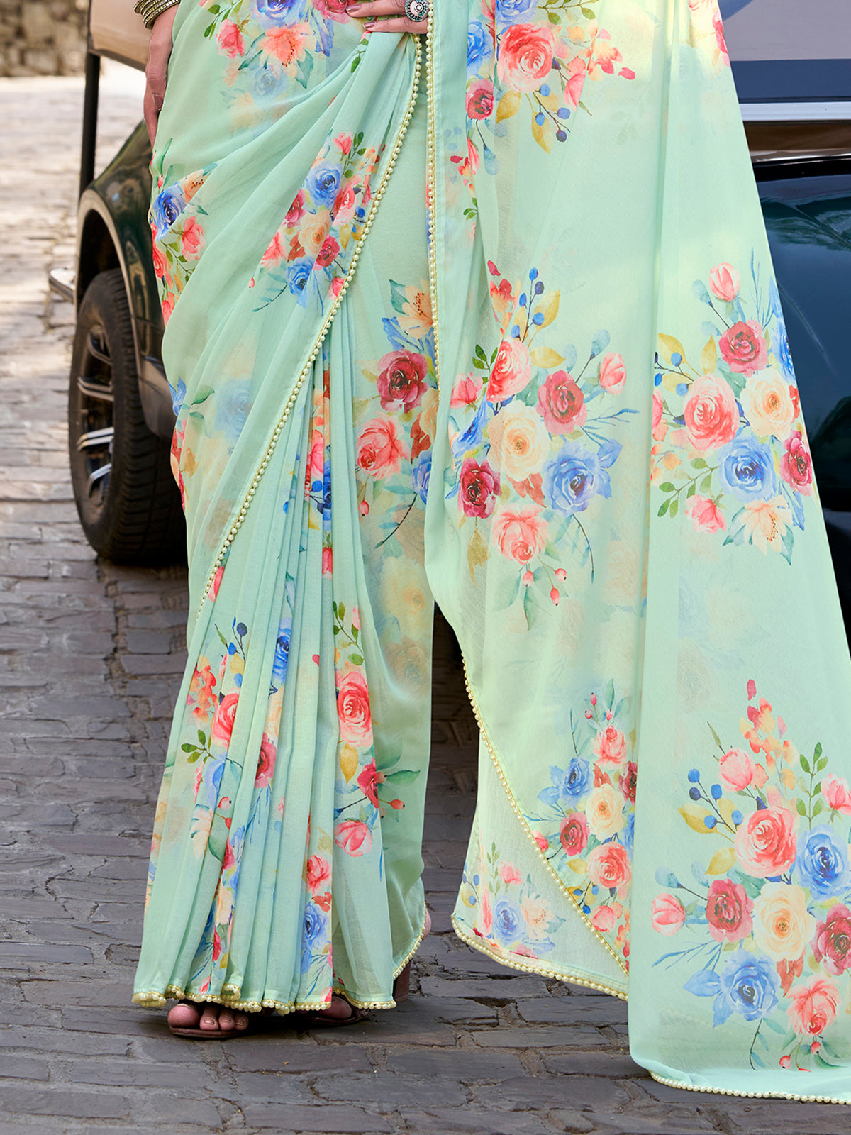 Charming Pista Green Floral Printed Crepe Office Wear Saree With Blouse