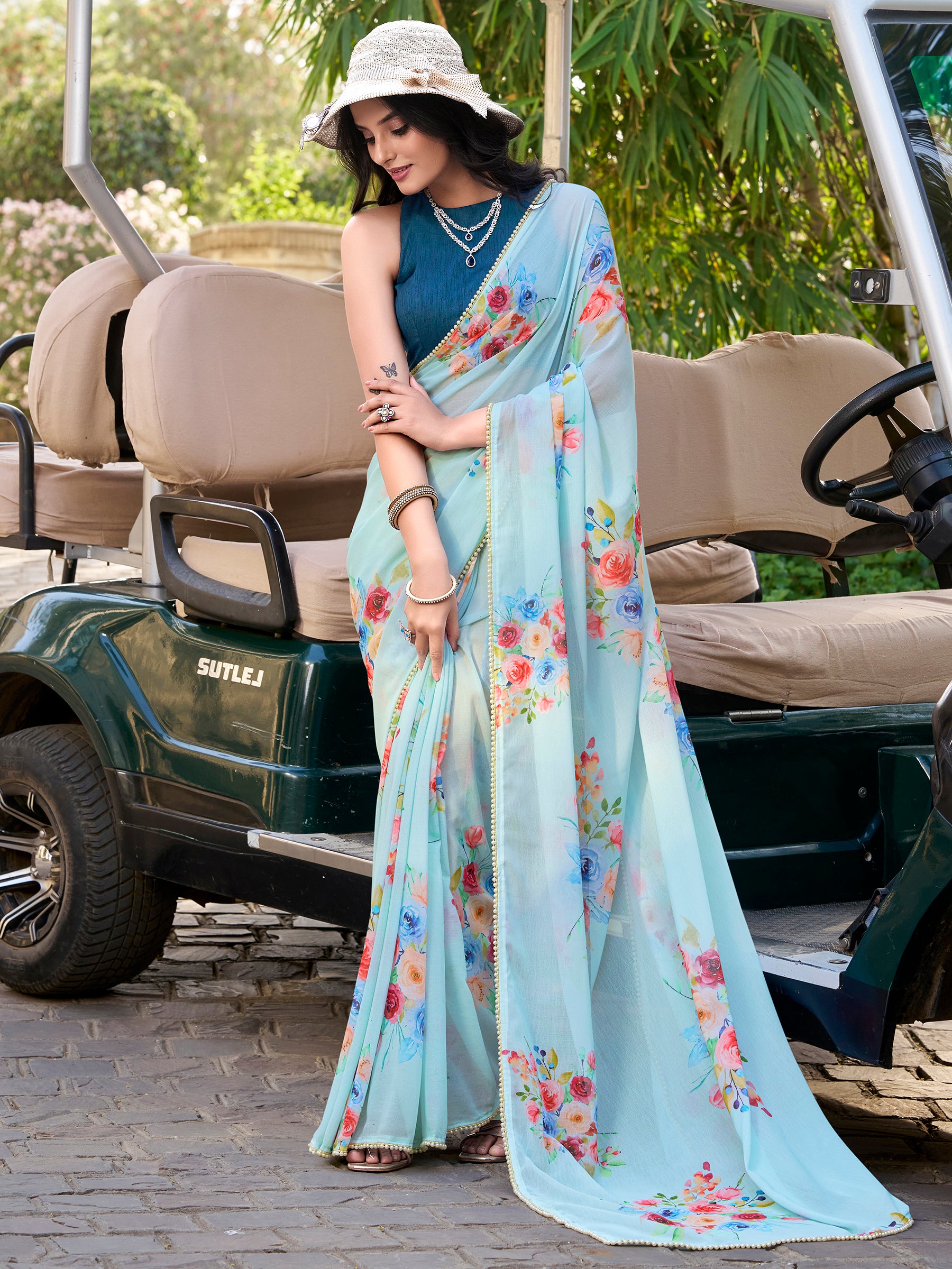 Alluring Sky Blue Floral Printed Casual Wear Saree With Blouse