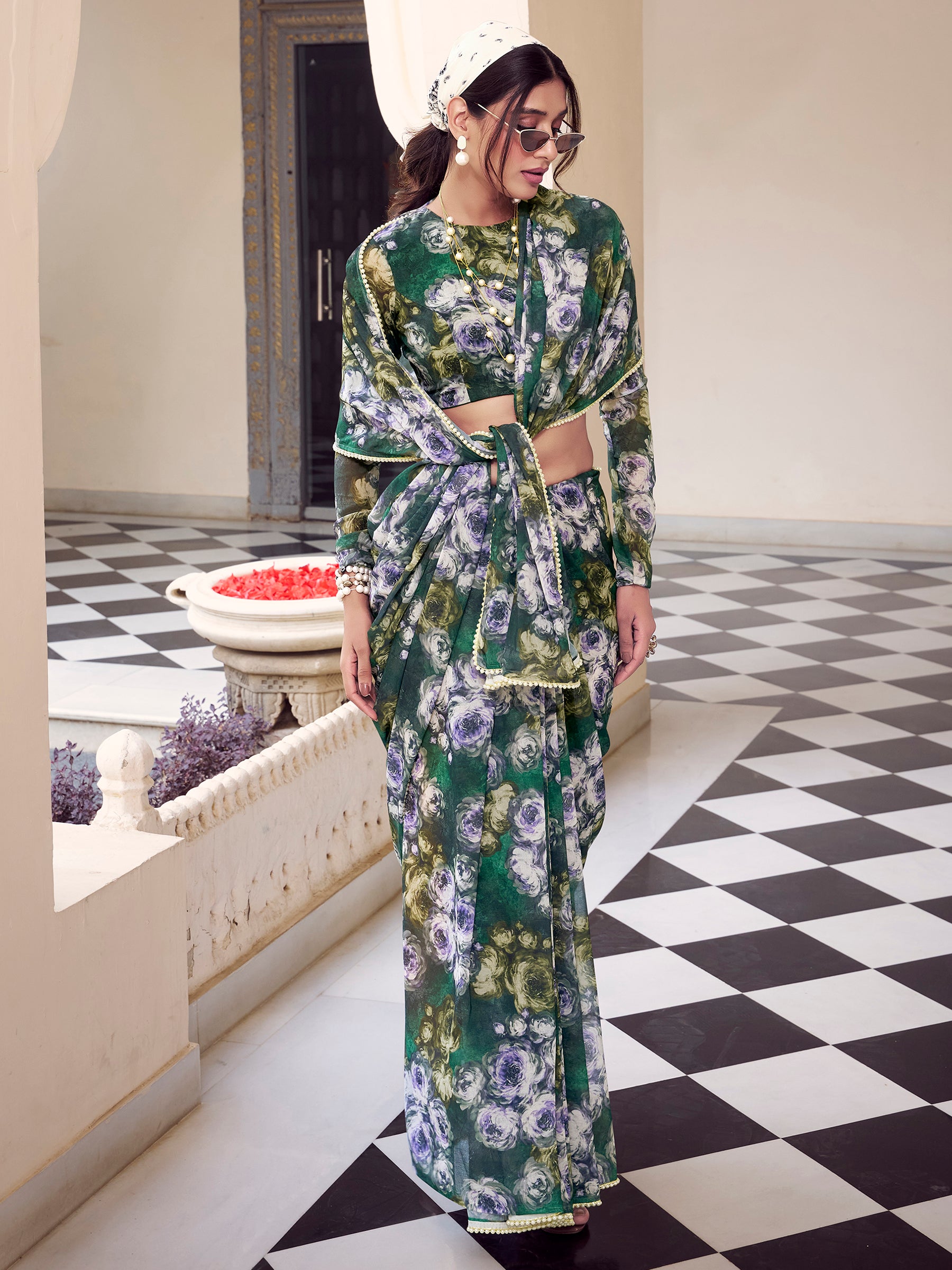 Pleasant Green Floral Printed Georgette Casual Wear Saree