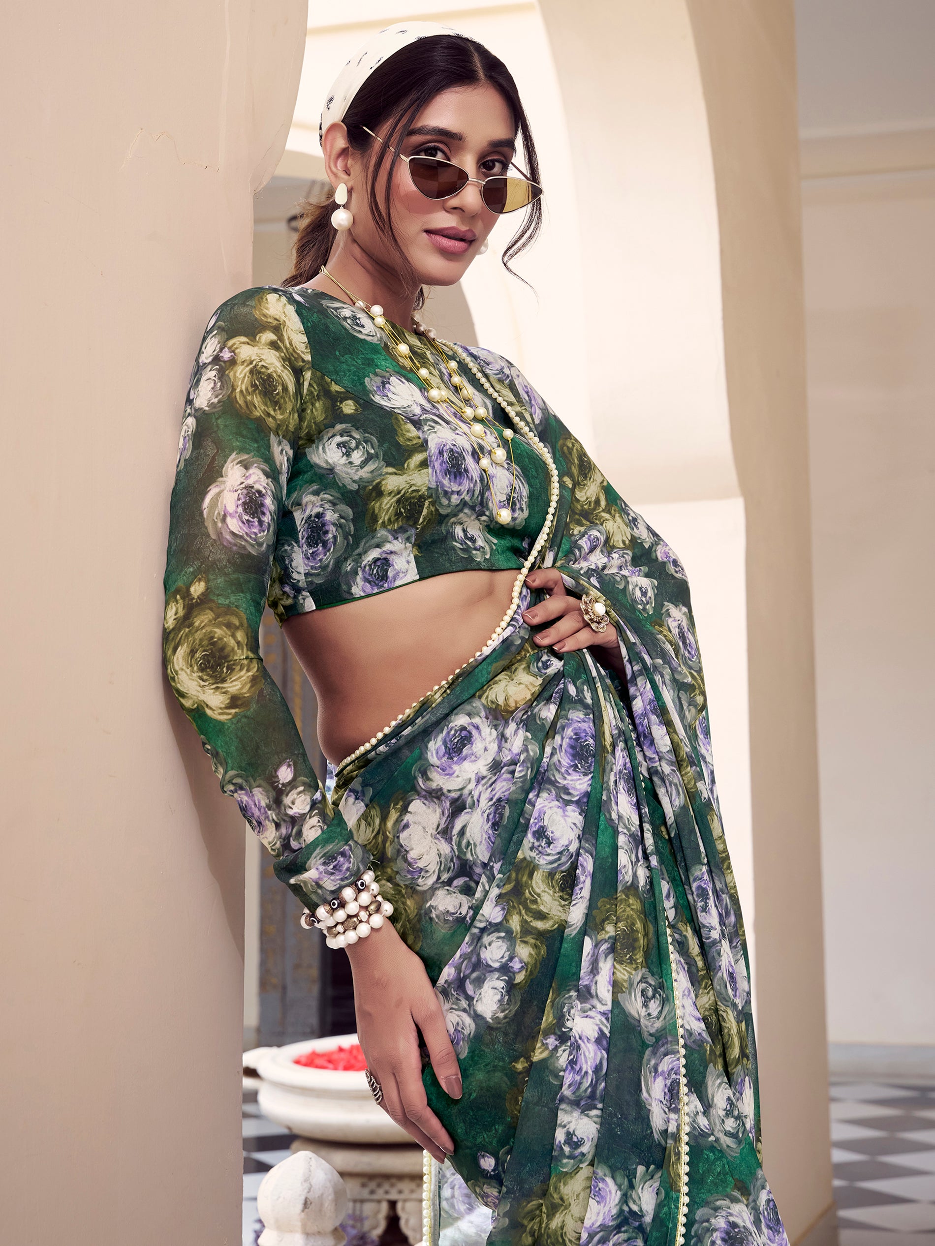 Pleasant Green Floral Printed Georgette Casual Wear Saree