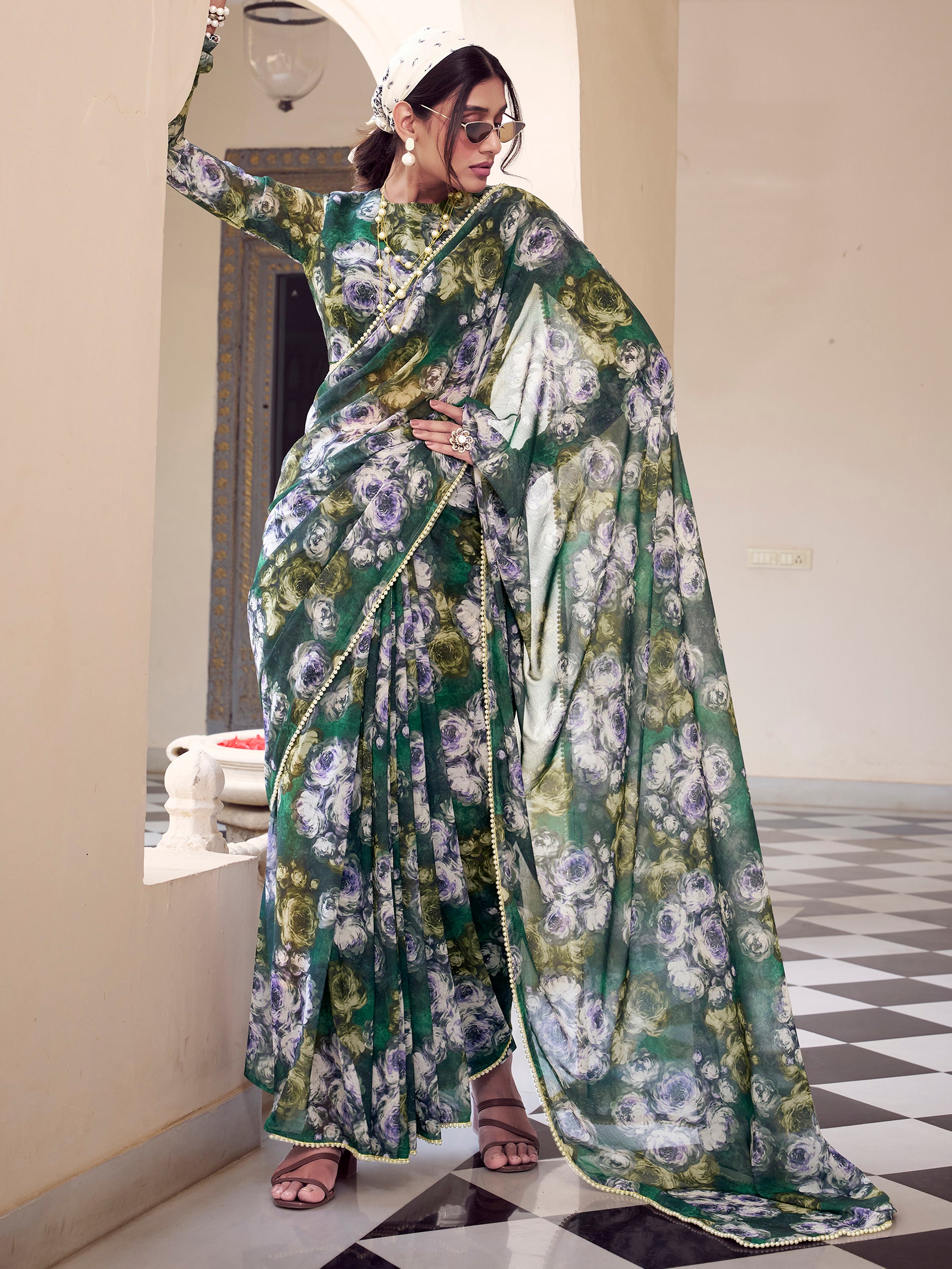 Pleasant Green Floral Printed Georgette Casual Wear Saree