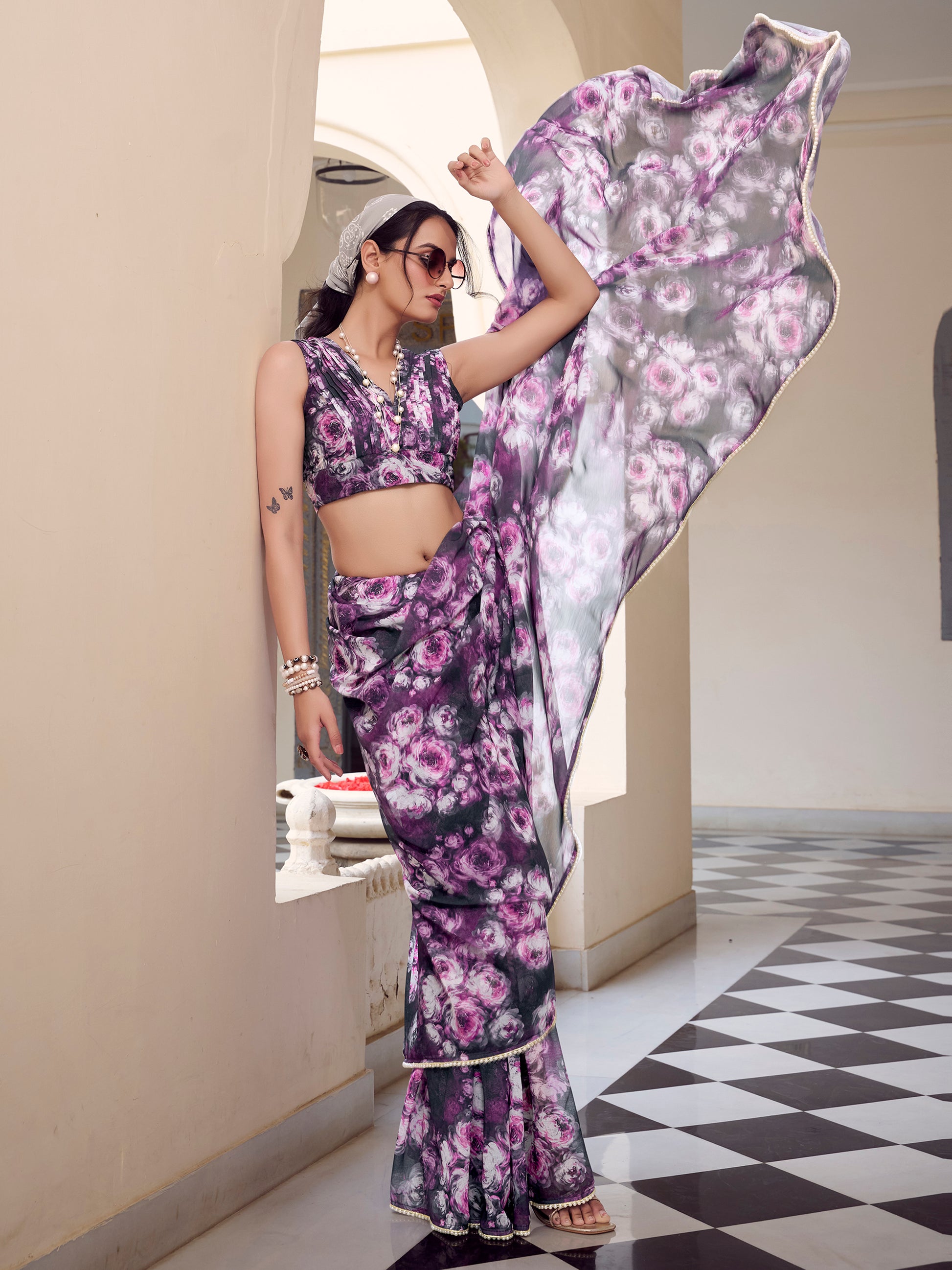 Lovely Grey Floral Printed Georgette Office Wear Saree With Blouse