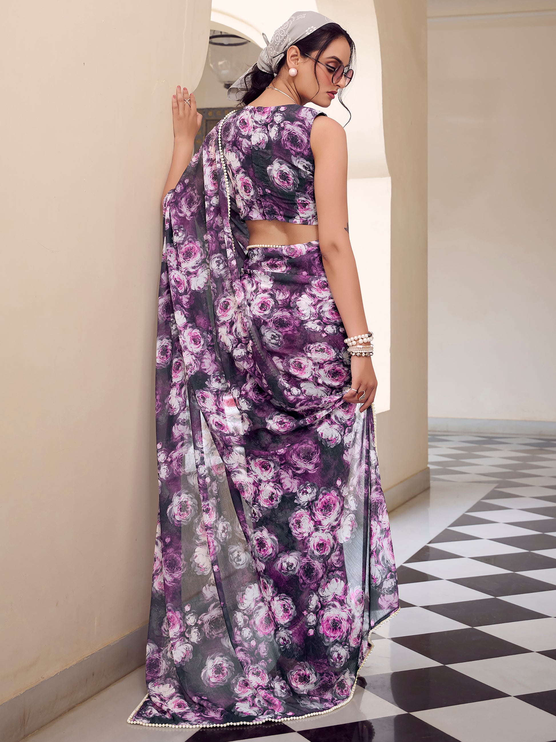 Lovely Grey Floral Printed Georgette Office Wear Saree With Blouse