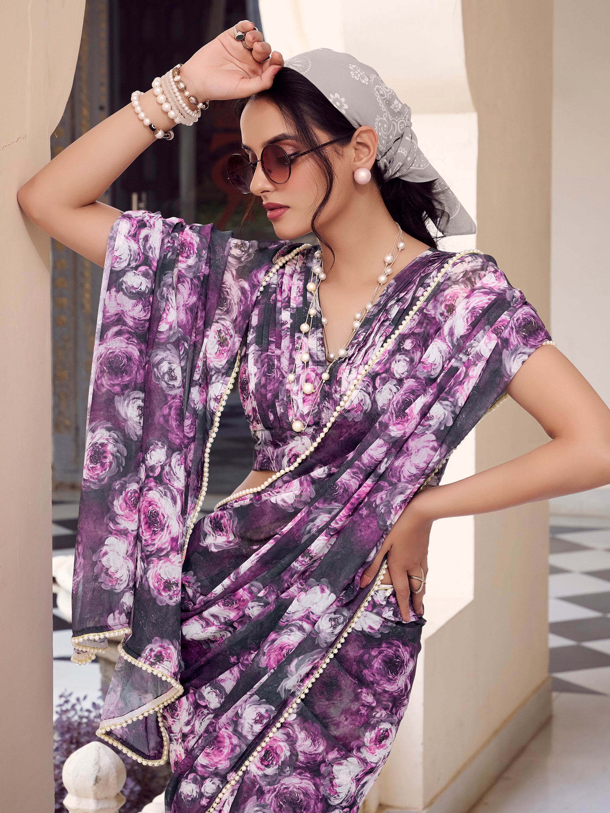 Lovely Grey Floral Printed Georgette Office Wear Saree With Blouse