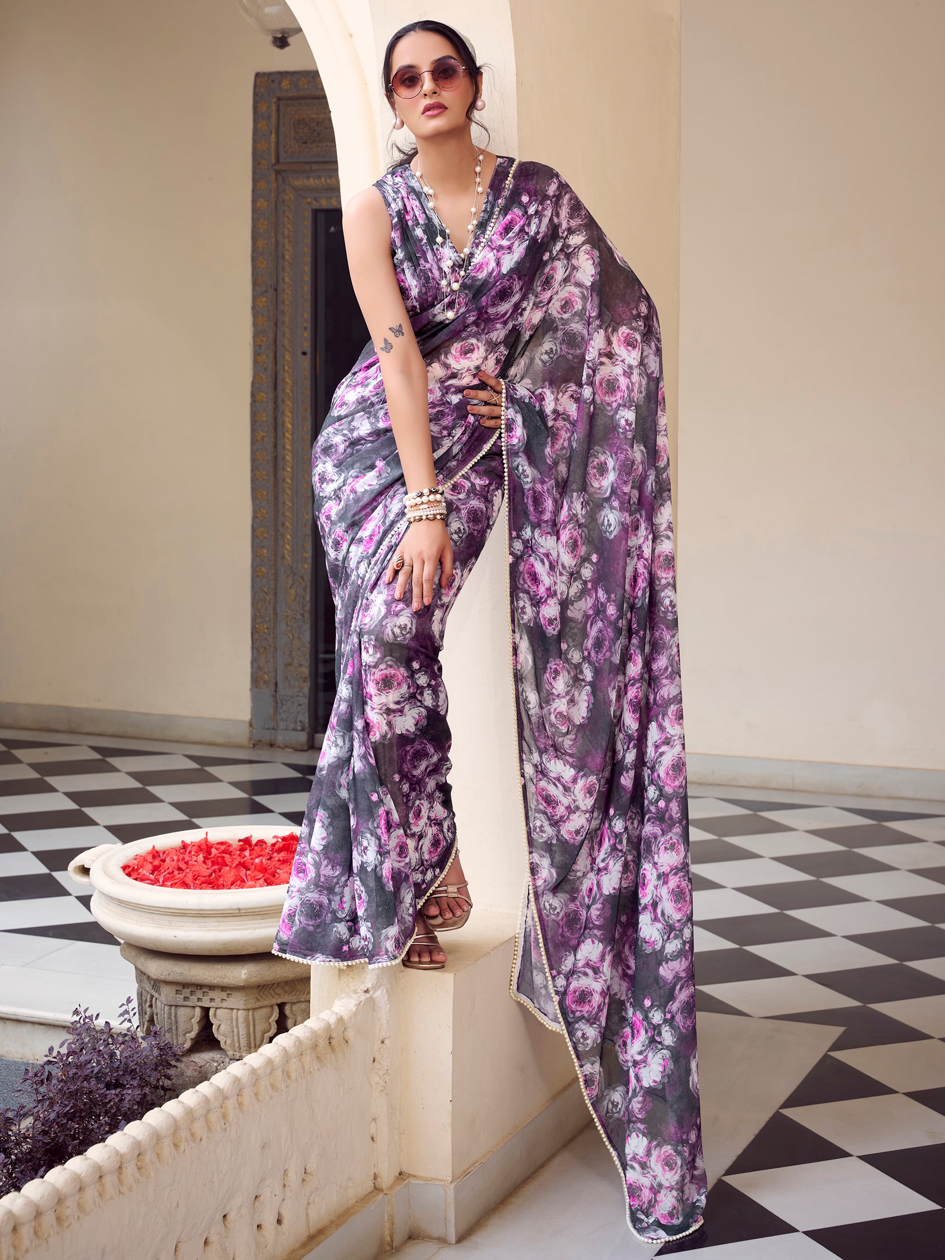 Lovely Grey Floral Printed Georgette Office Wear Saree With Blouse