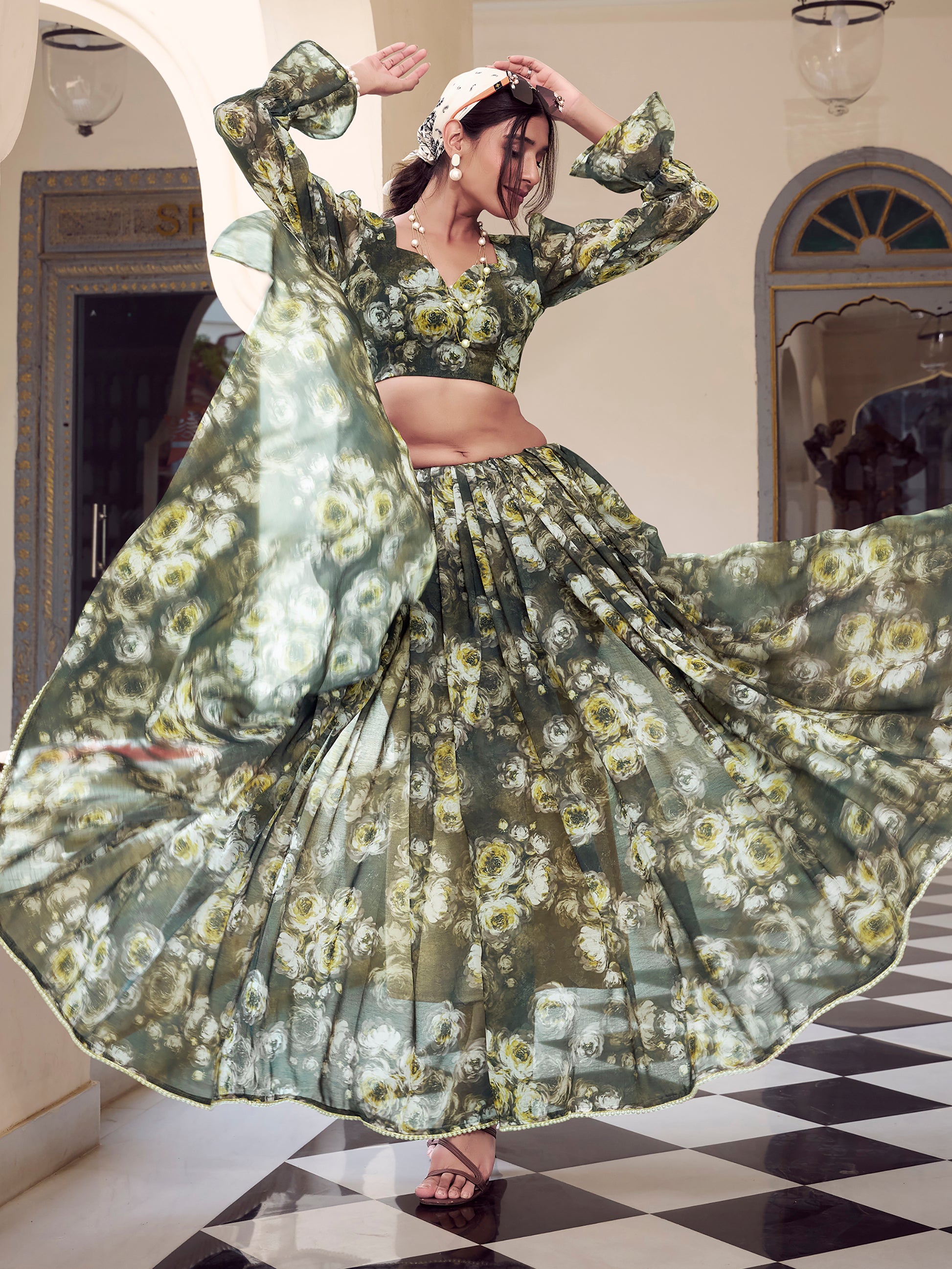Ravishing Olive Green Floral Printed Georgette Saree With Blouse