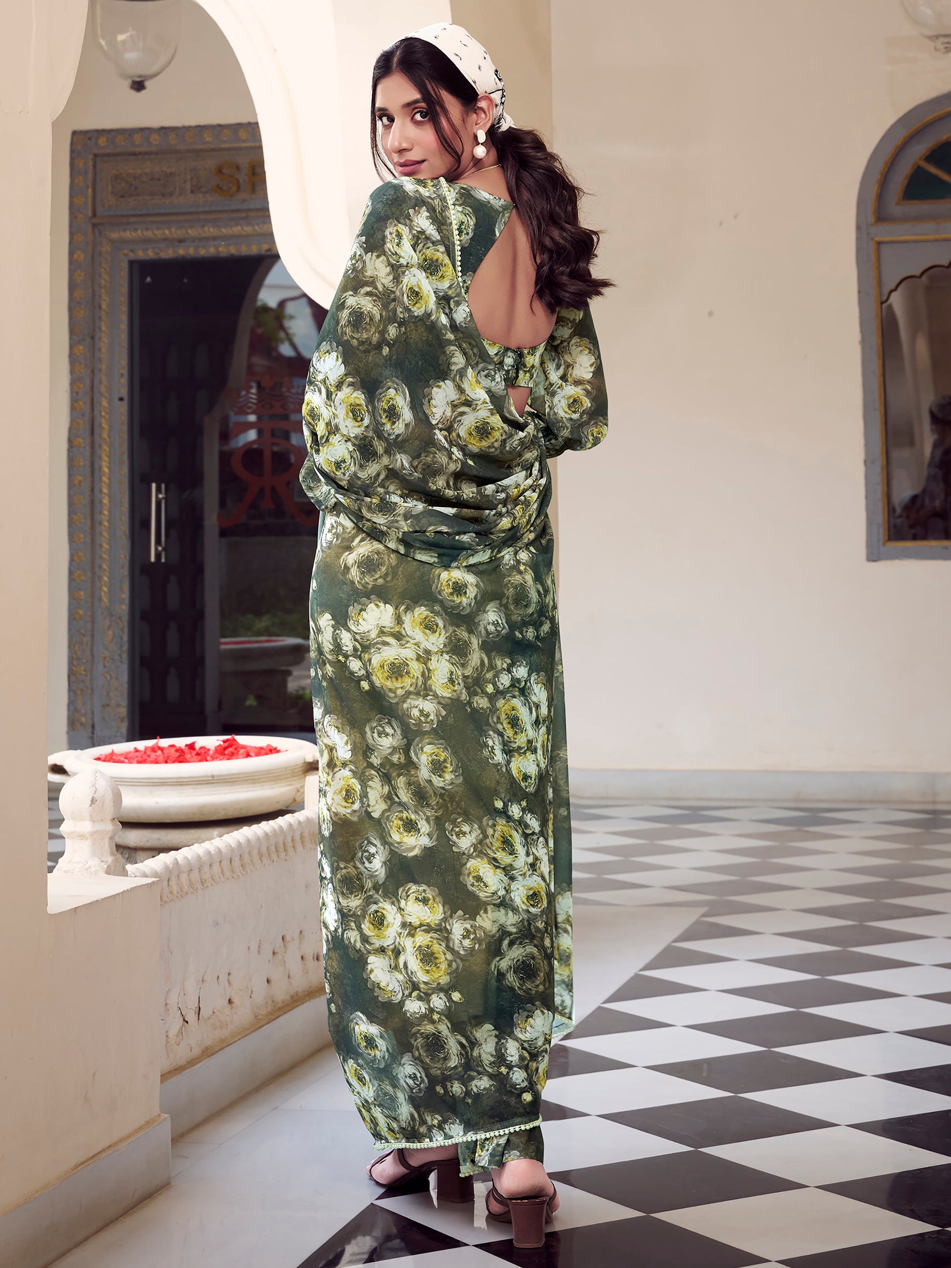 Ravishing Olive Green Floral Printed Georgette Saree With Blouse