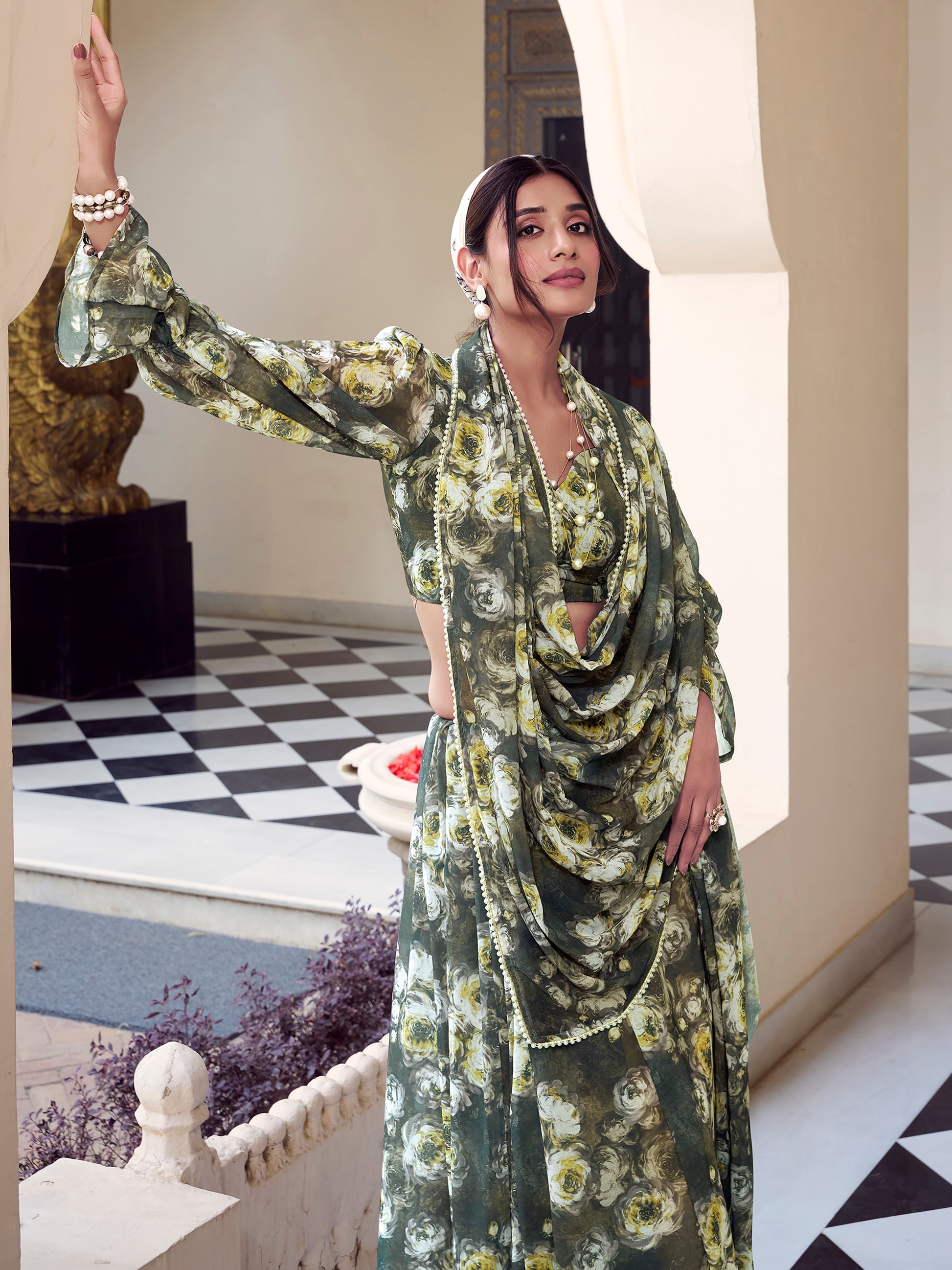 Ravishing Olive Green Floral Printed Georgette Saree With Blouse