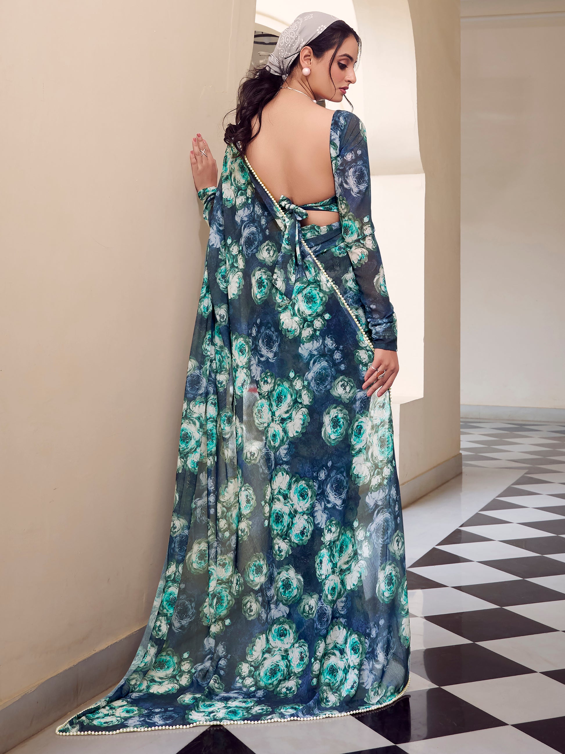 Beautiful Navy Blue Floral Printed Georgette Event Wear Saree
