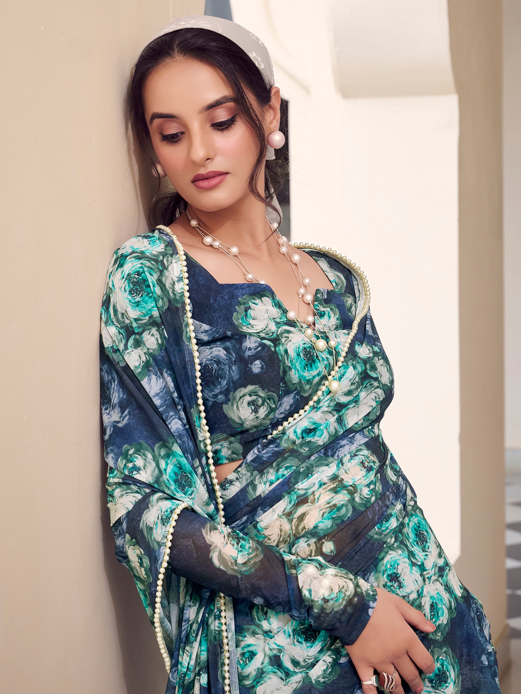 Beautiful Navy Blue Floral Printed Georgette Event Wear Saree