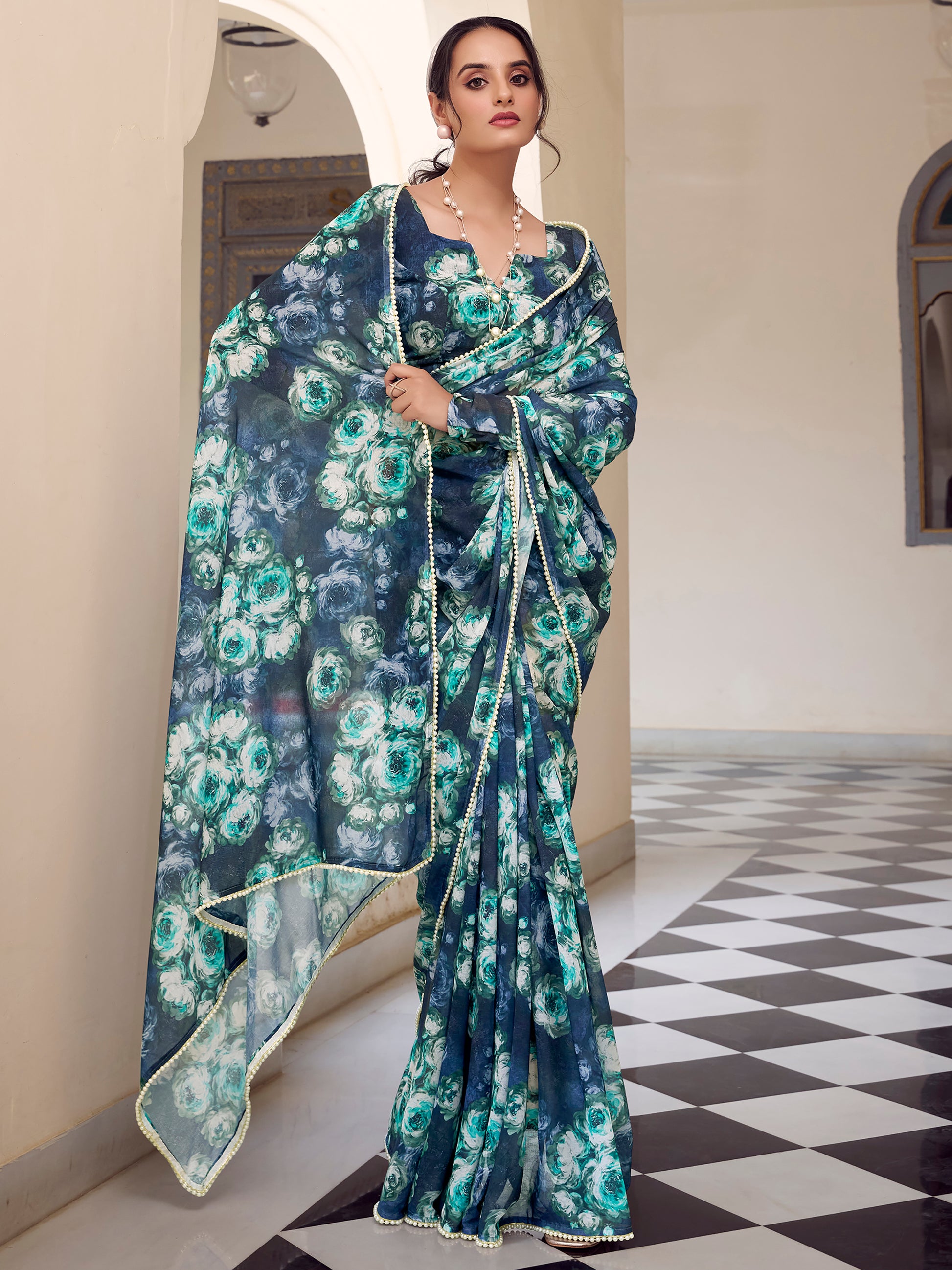 Beautiful Navy Blue Floral Printed Georgette Event Wear Saree