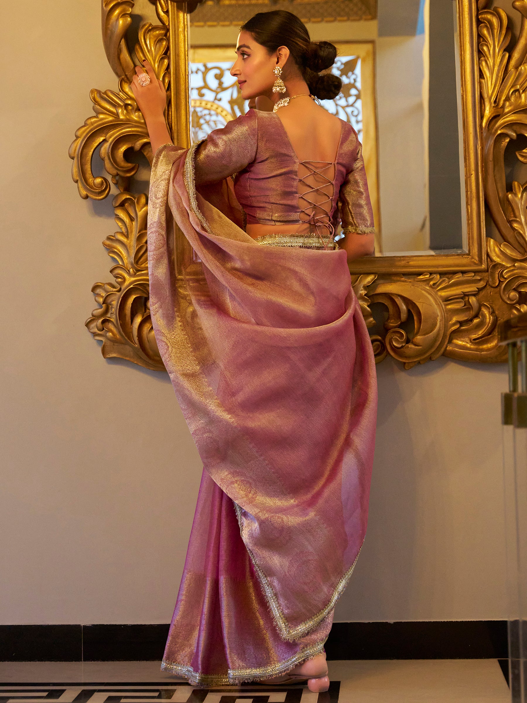 Gorgeous Light Pink Zari Weaving Tissue Silk Saree With Blouse