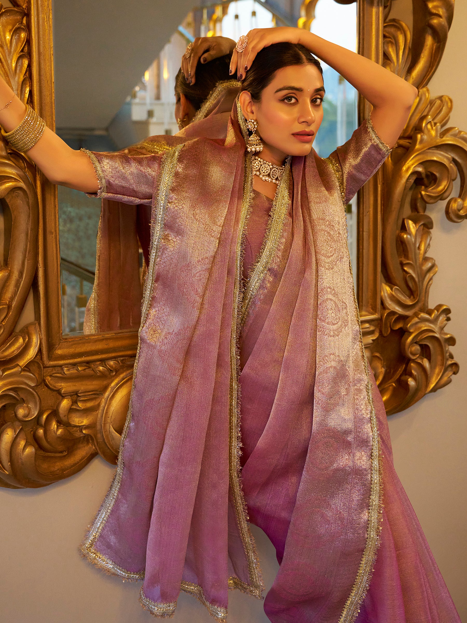 Gorgeous Light Pink Zari Weaving Tissue Silk Saree With Blouse