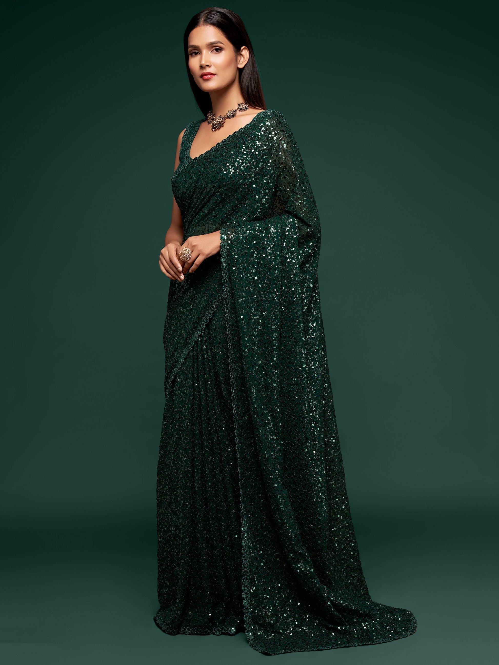 Adorable Green Sequins Georgette Party Wear Saree With Blouse