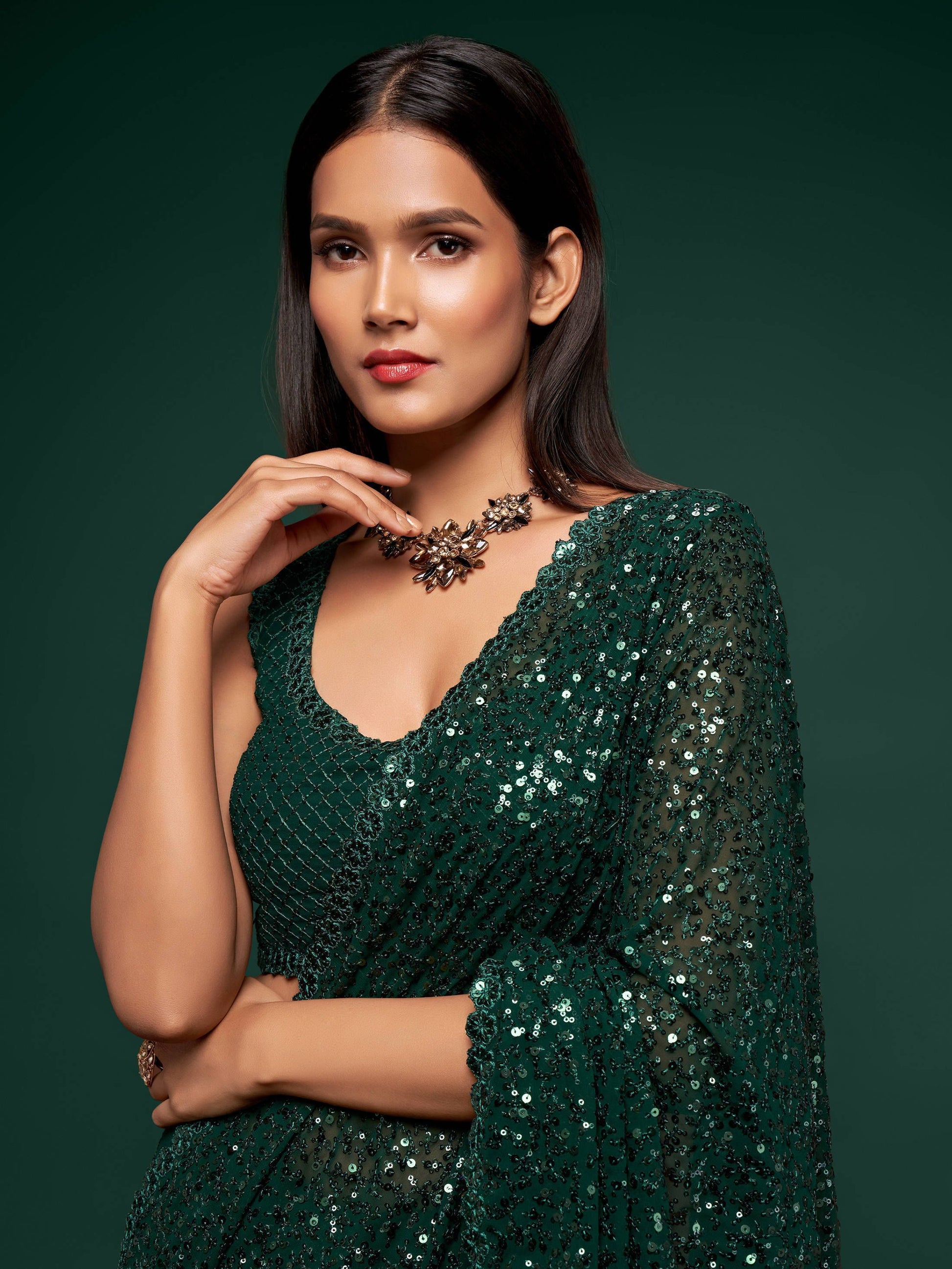 Adorable Green Sequins Georgette Party Wear Saree With Blouse
