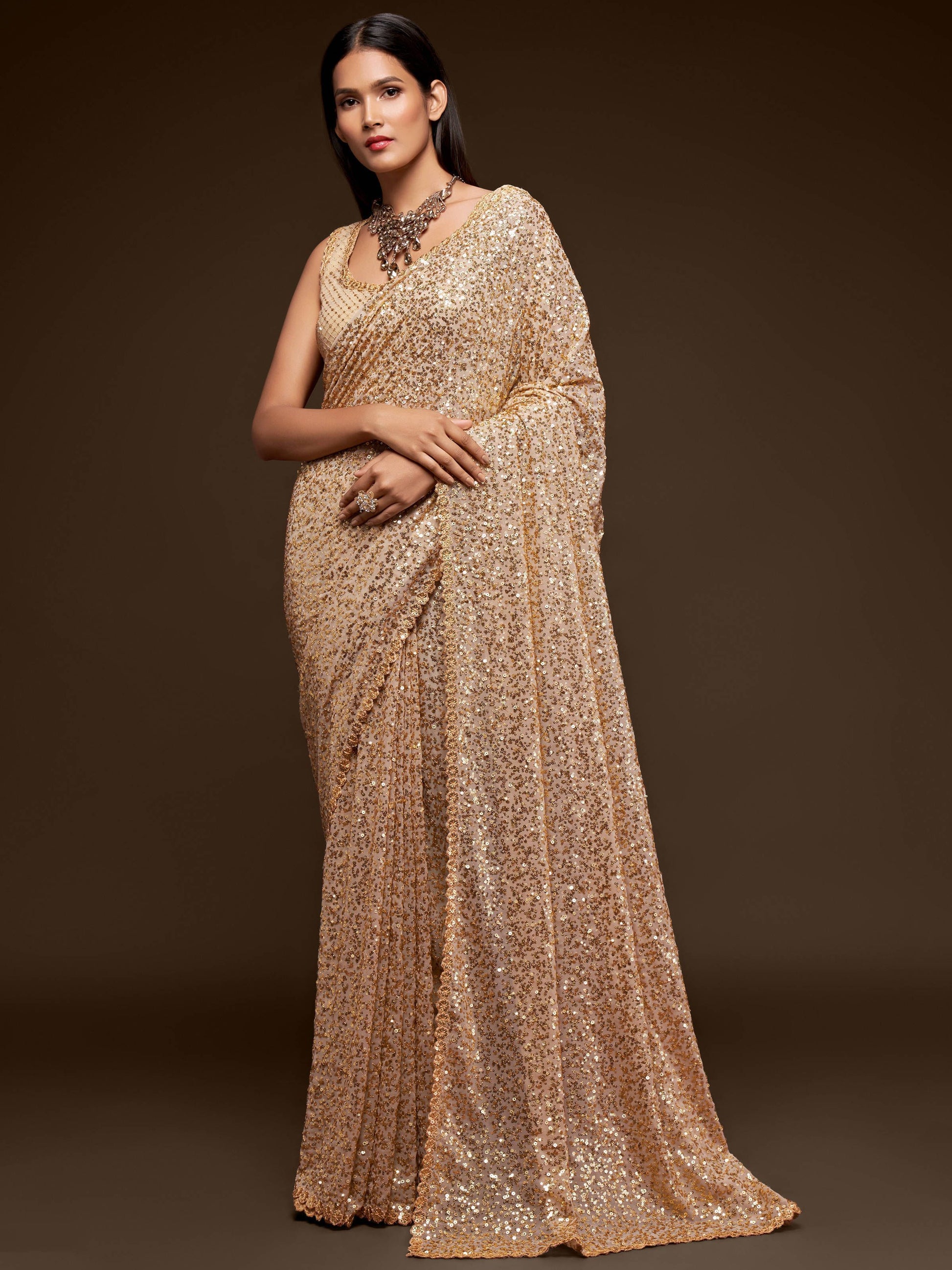Precious Cream Sequins Georgette Party Wear Saree With Blouse