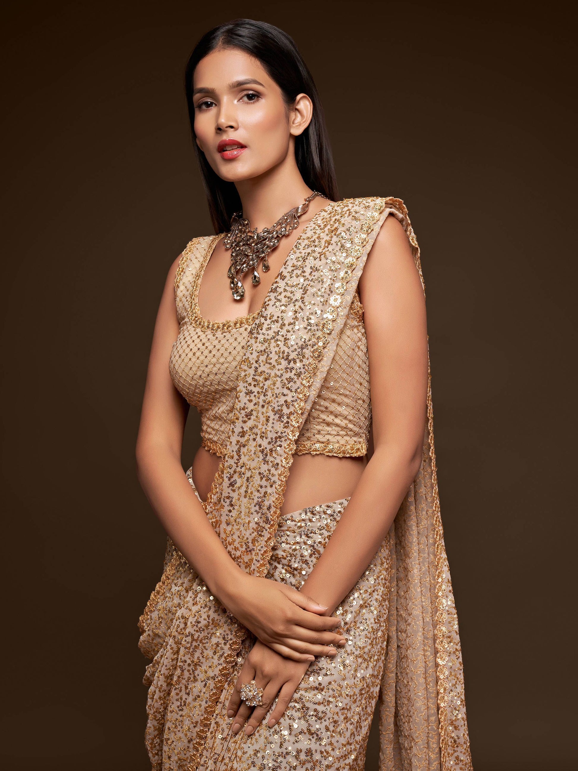 Precious Cream Sequins Georgette Party Wear Saree With Blouse