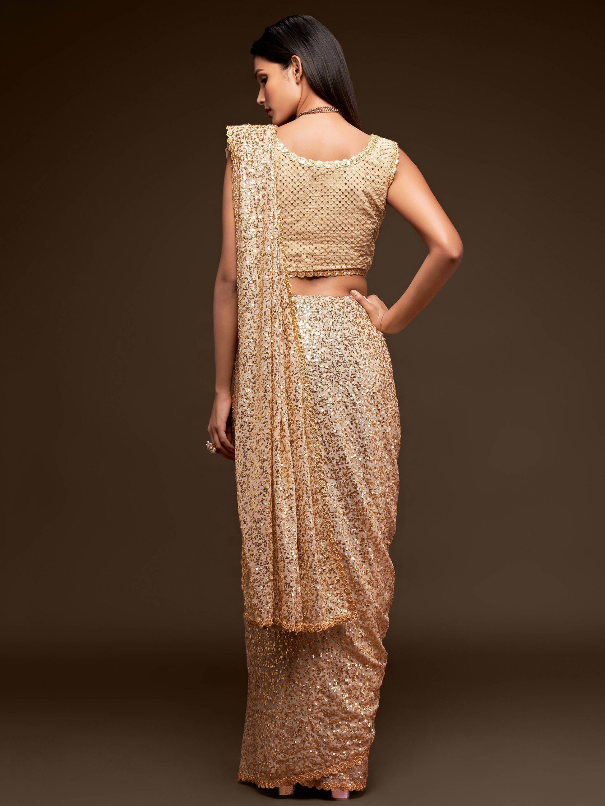 Precious Cream Sequins Georgette Party Wear Saree With Blouse