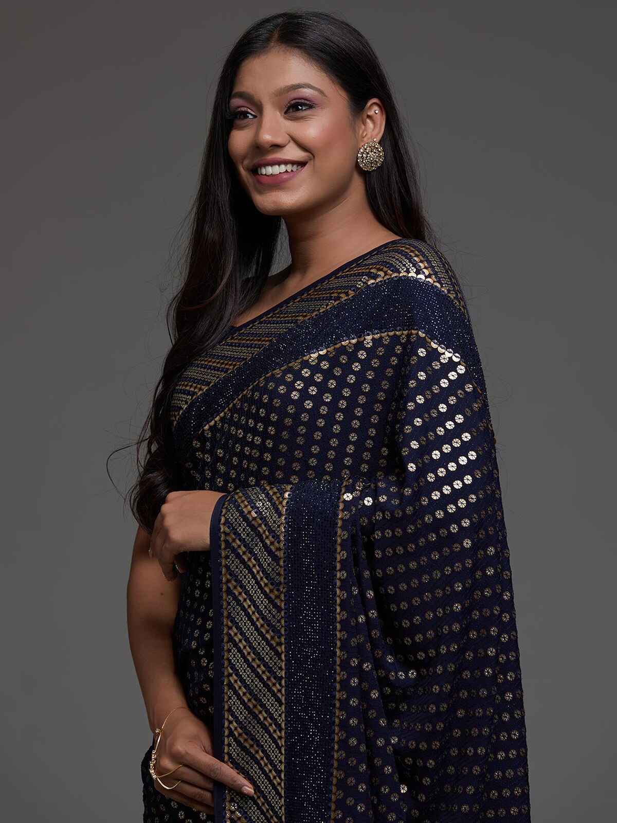 Lovable Navy Blue Sequins Georgette Party Wear Saree With Blouse