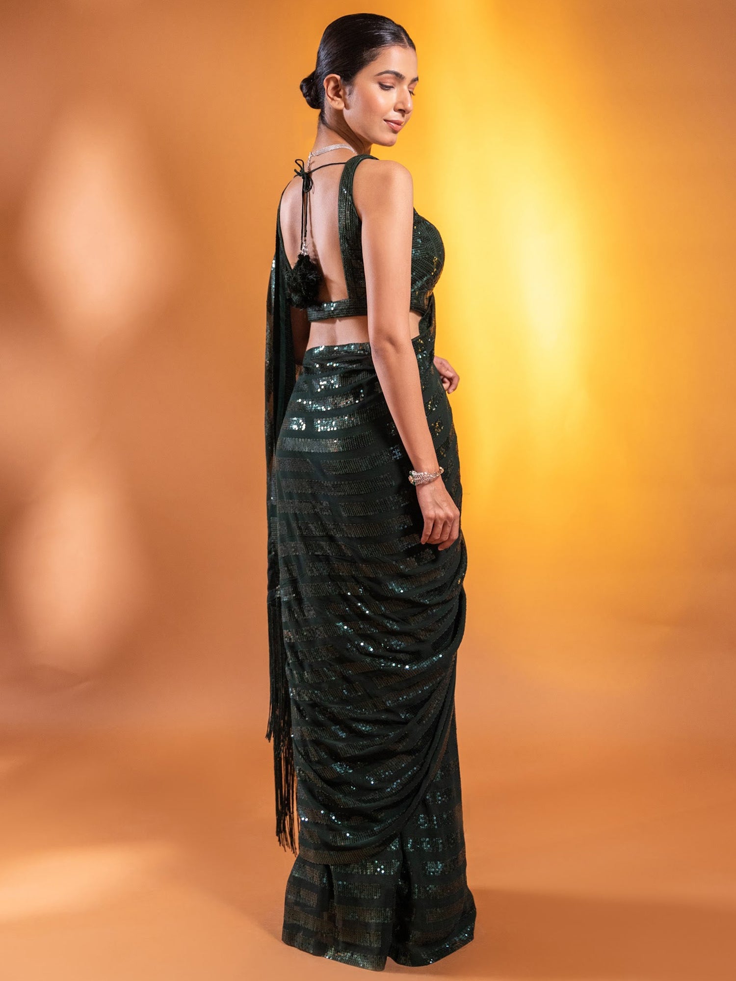 Attractive Dark Green Sequins Georgette Mehendi Wear Saree