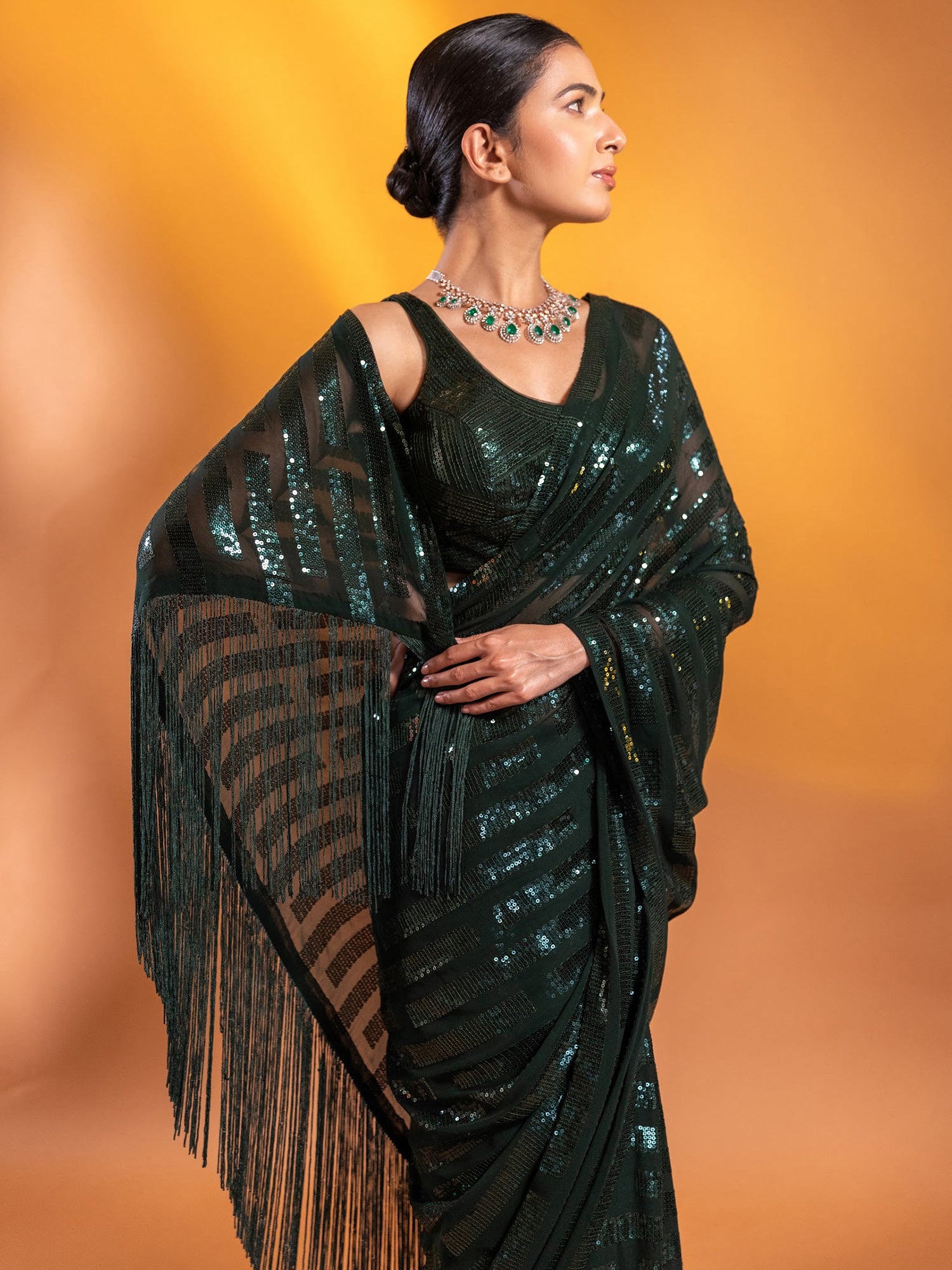 Attractive Dark Green Sequins Georgette Mehendi Wear Saree