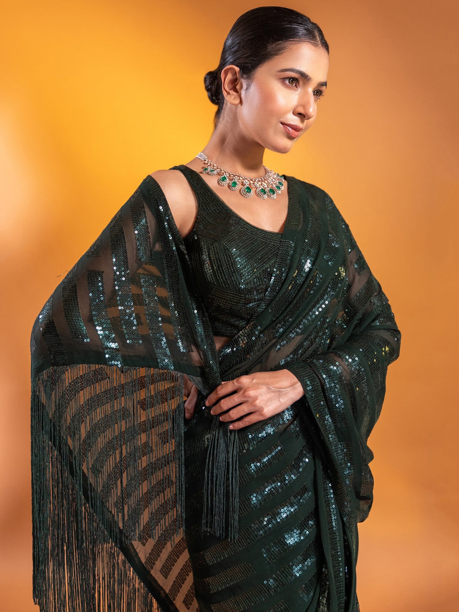 Attractive Dark Green Sequins Georgette Mehendi Wear Saree