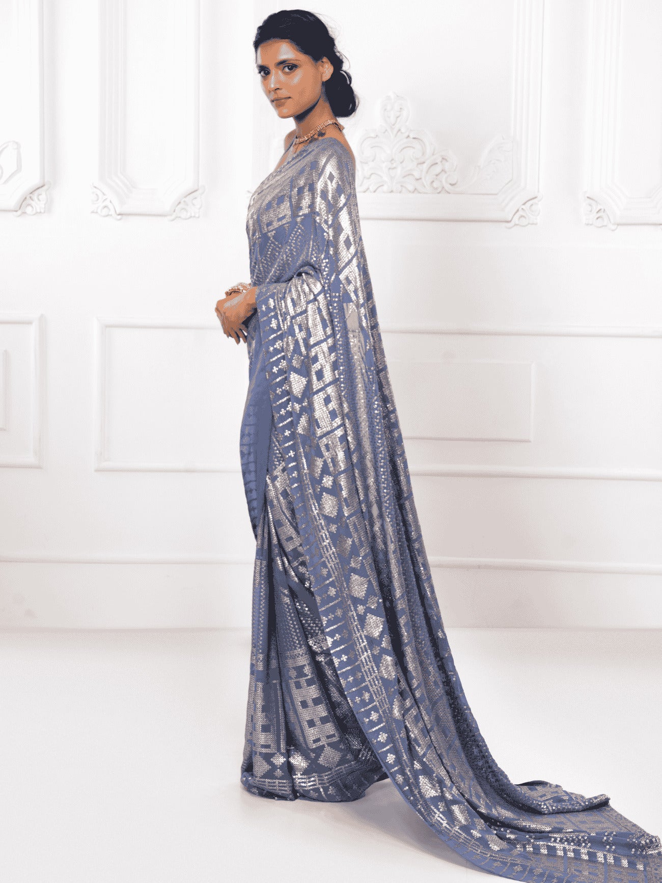Enchanting Grey Sequins Georgette Reception Wear Saree With Blouse