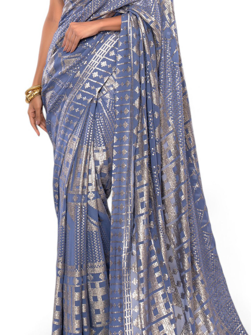 Enchanting Grey Sequins Georgette Reception Wear Saree With Blouse