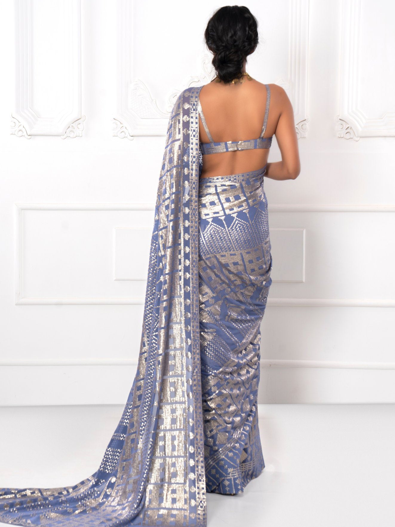 Enchanting Grey Sequins Georgette Reception Wear Saree With Blouse
