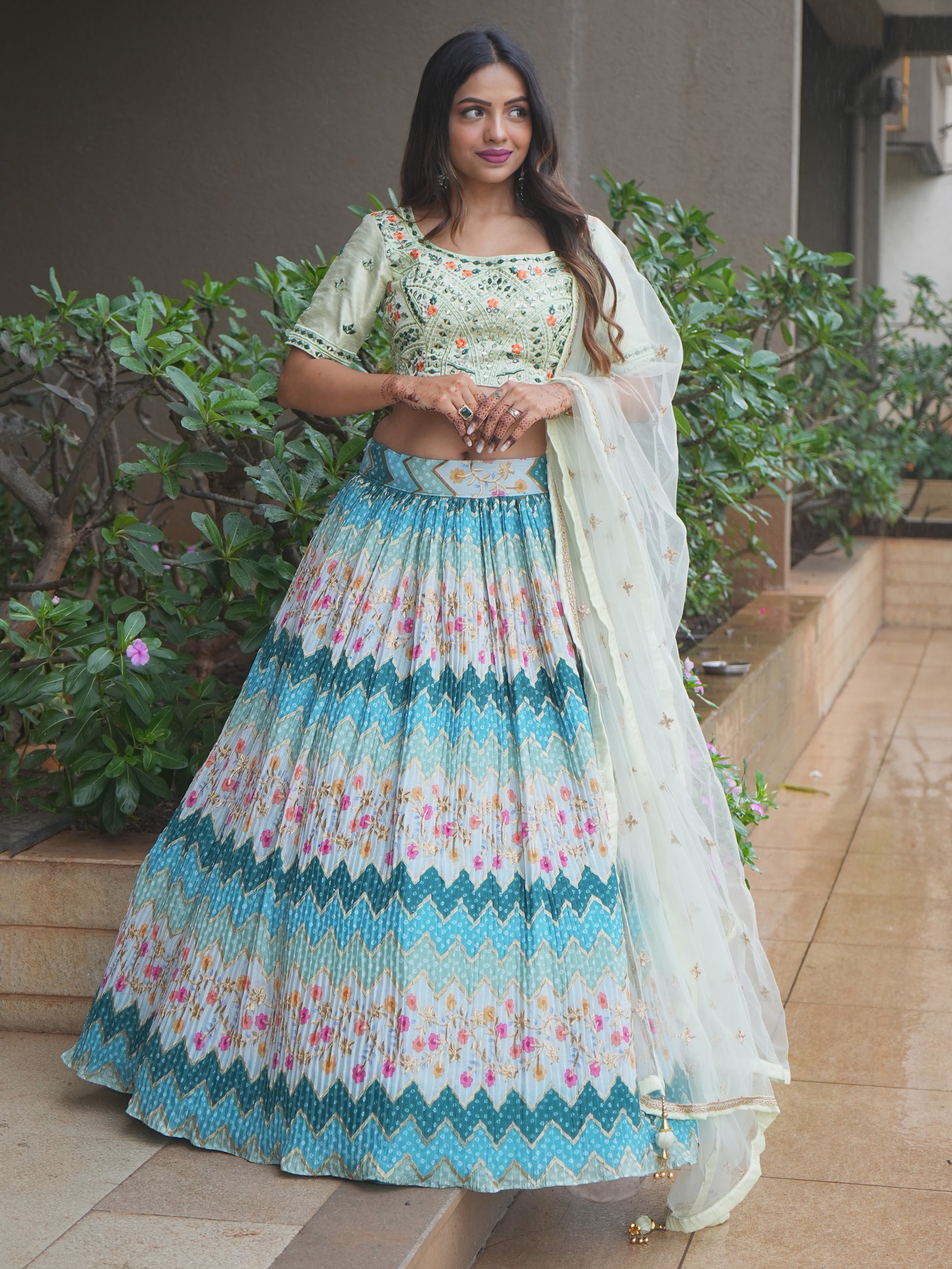 Attractive Multi Color Floral Printed Chinon Festival Wear Lehenga Choli