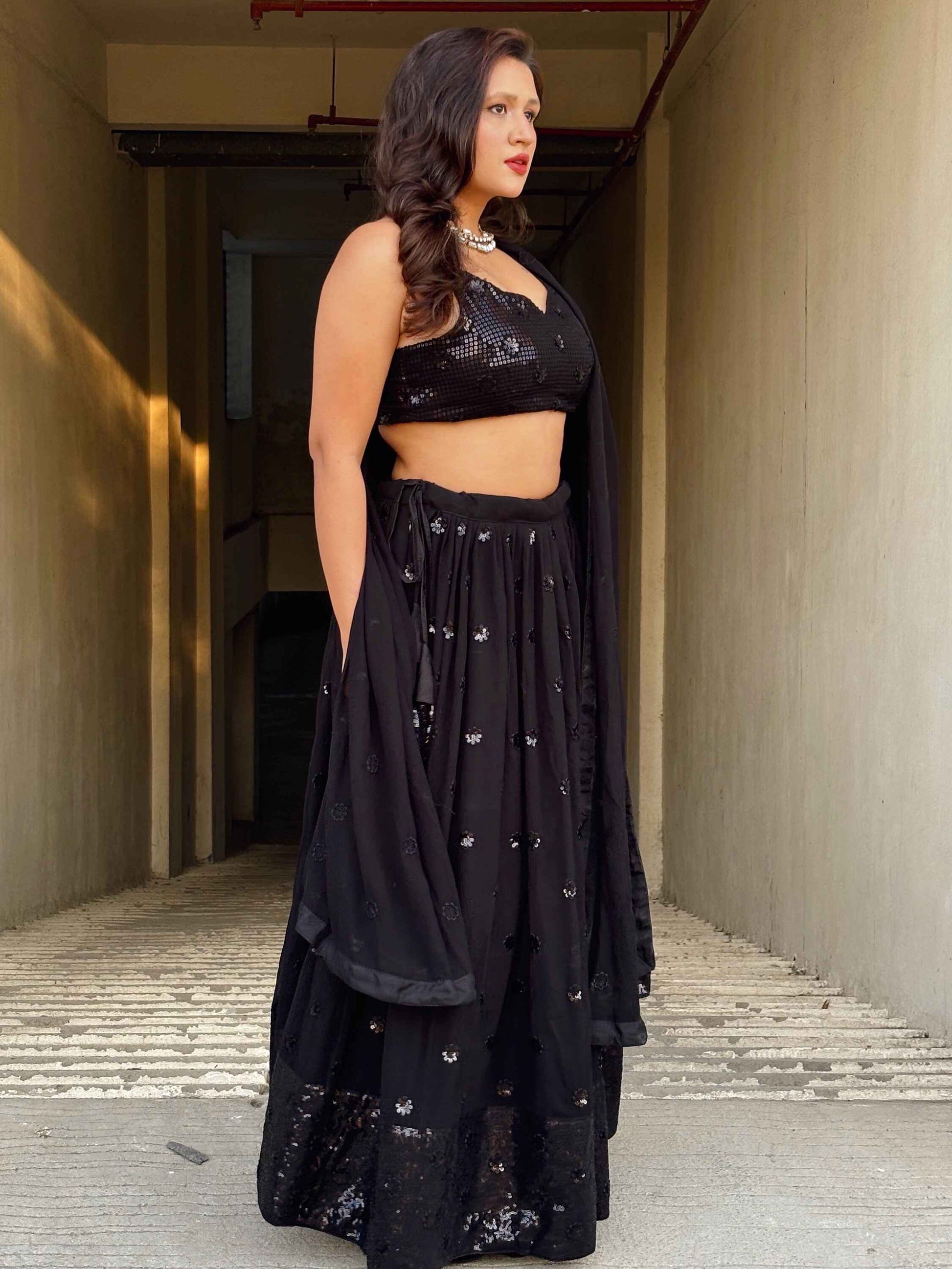 Attractive Black Sequins Georgette Party Wear Lehenga Choli
