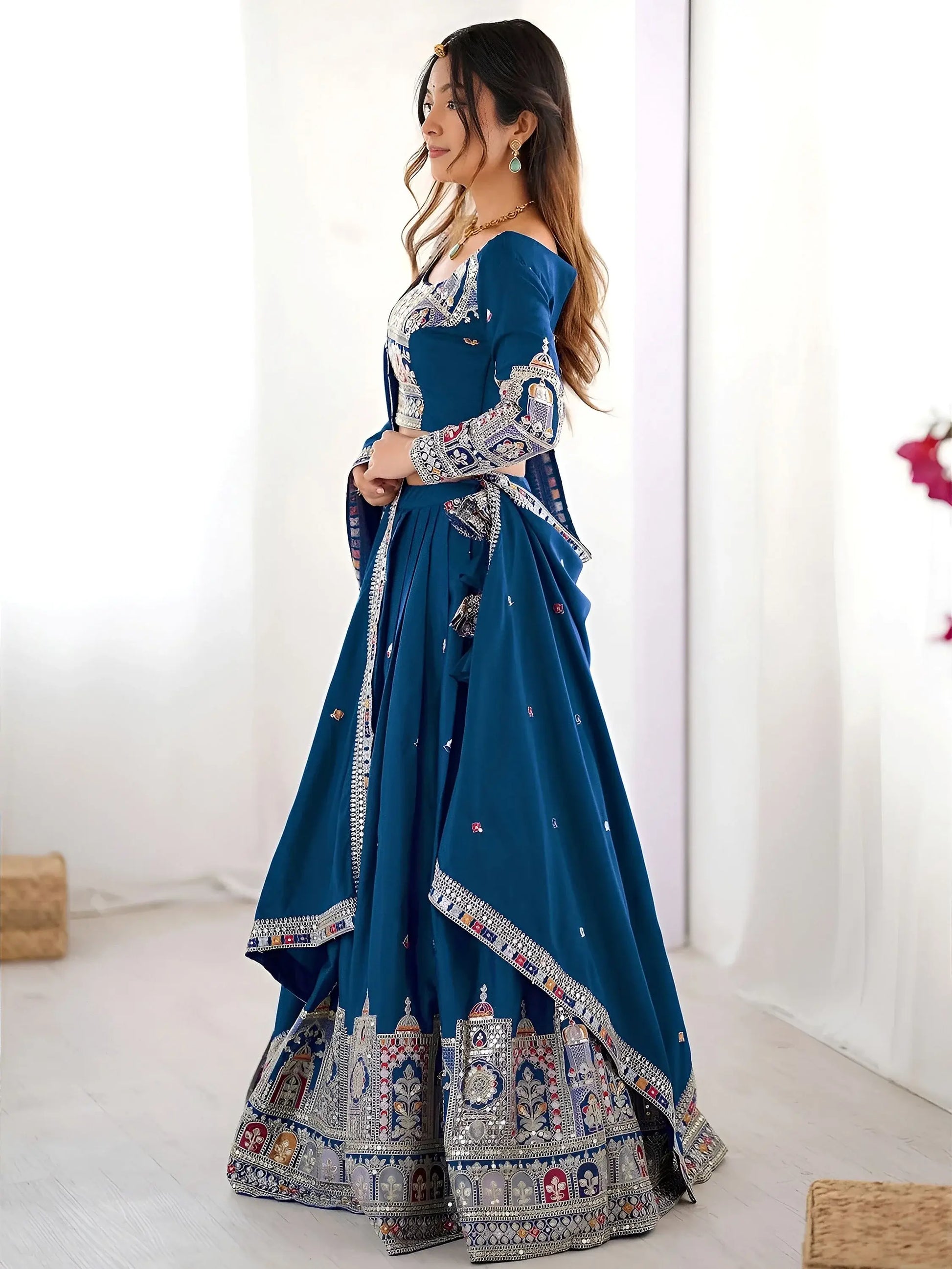 Classy Dove Blue Sequins Work Crepe Silk Bridesmaid Lehenga Choli With Dupatta