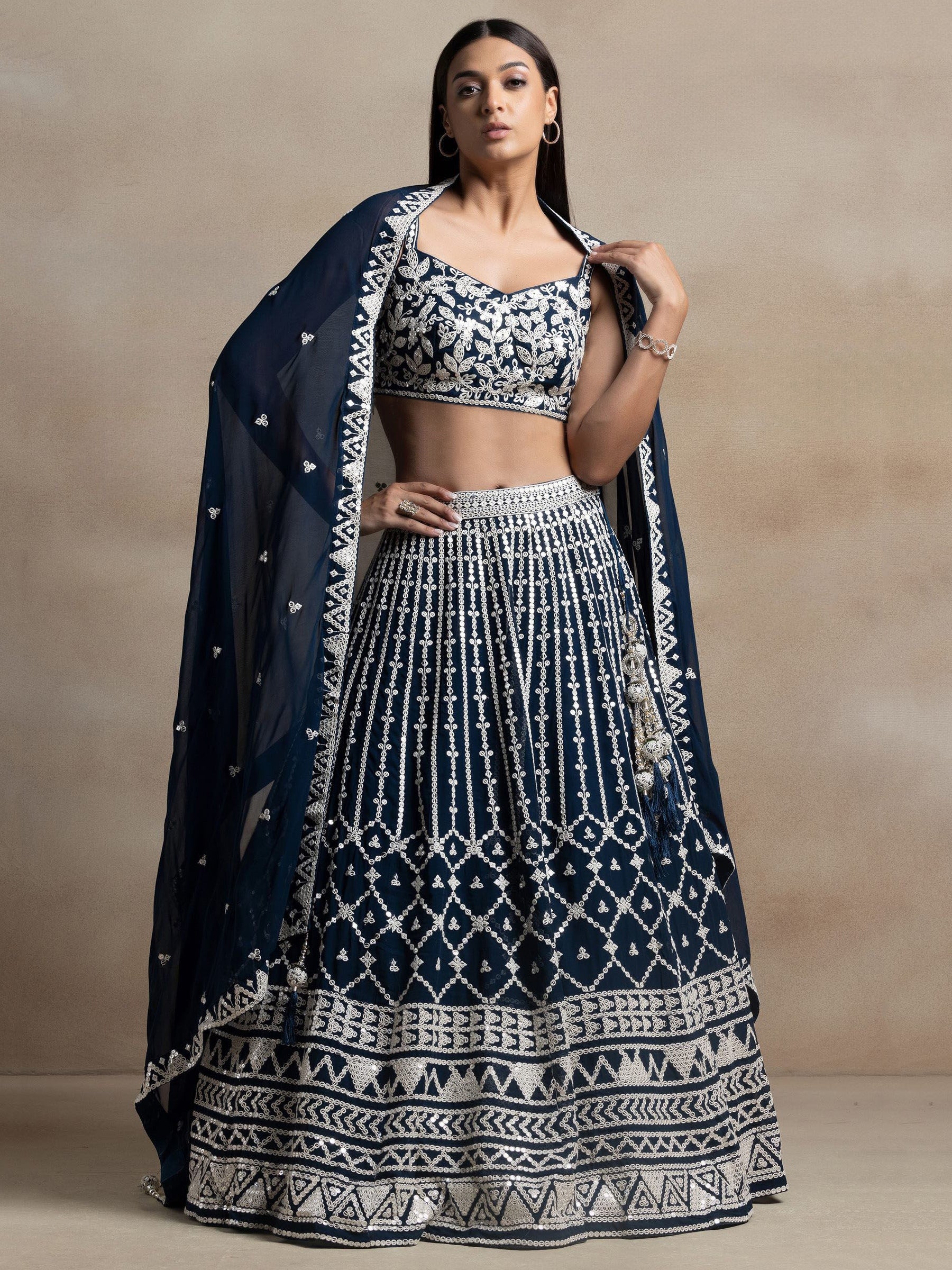 Beautiful Navy Blue Thread Work Georgette Reception Wear Lehenga Choli