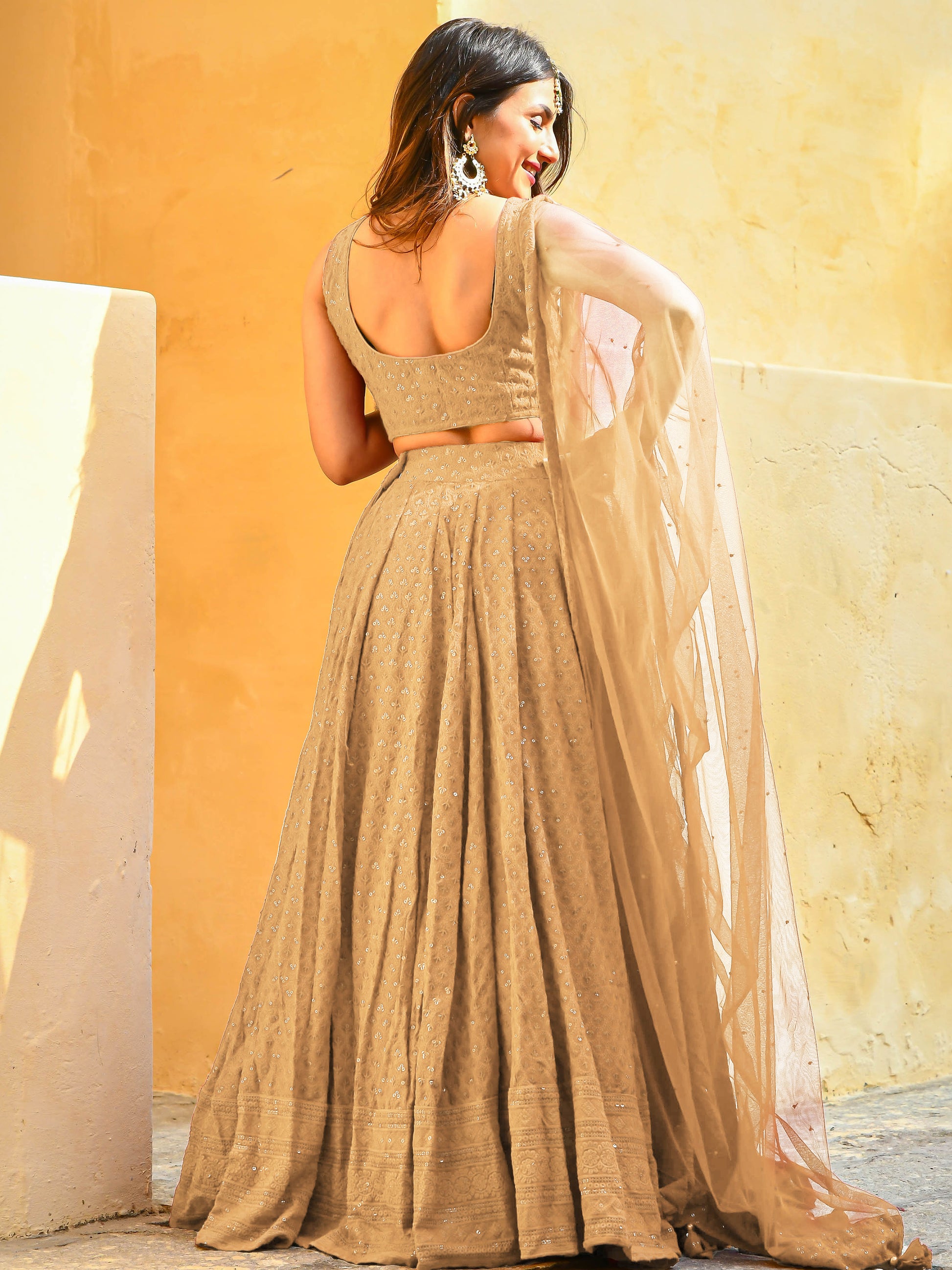 Precious Beige Thread Embroidered Georgette Festive Wear Lehenga Choli