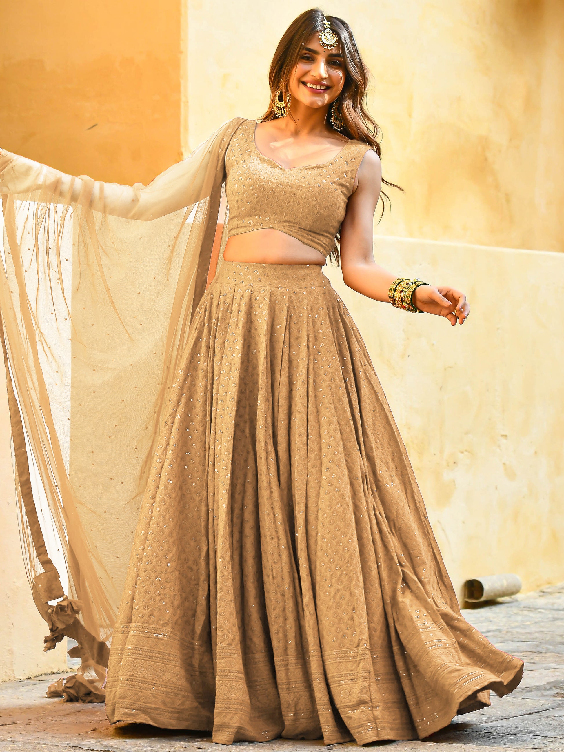 Precious Beige Thread Embroidered Georgette Festive Wear Lehenga Choli