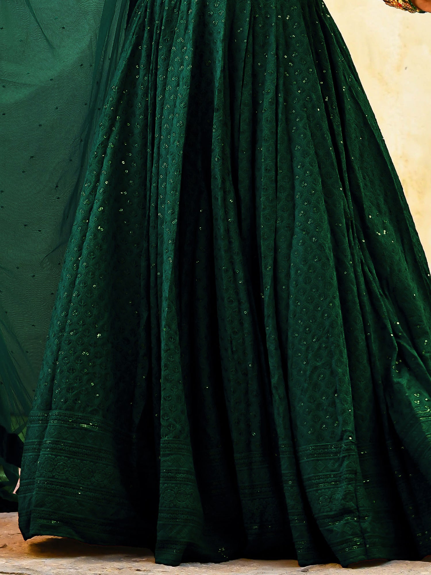 Beautiful Bottle Green Sequins Georgette Party Wear Lehenga Choli With dupatta