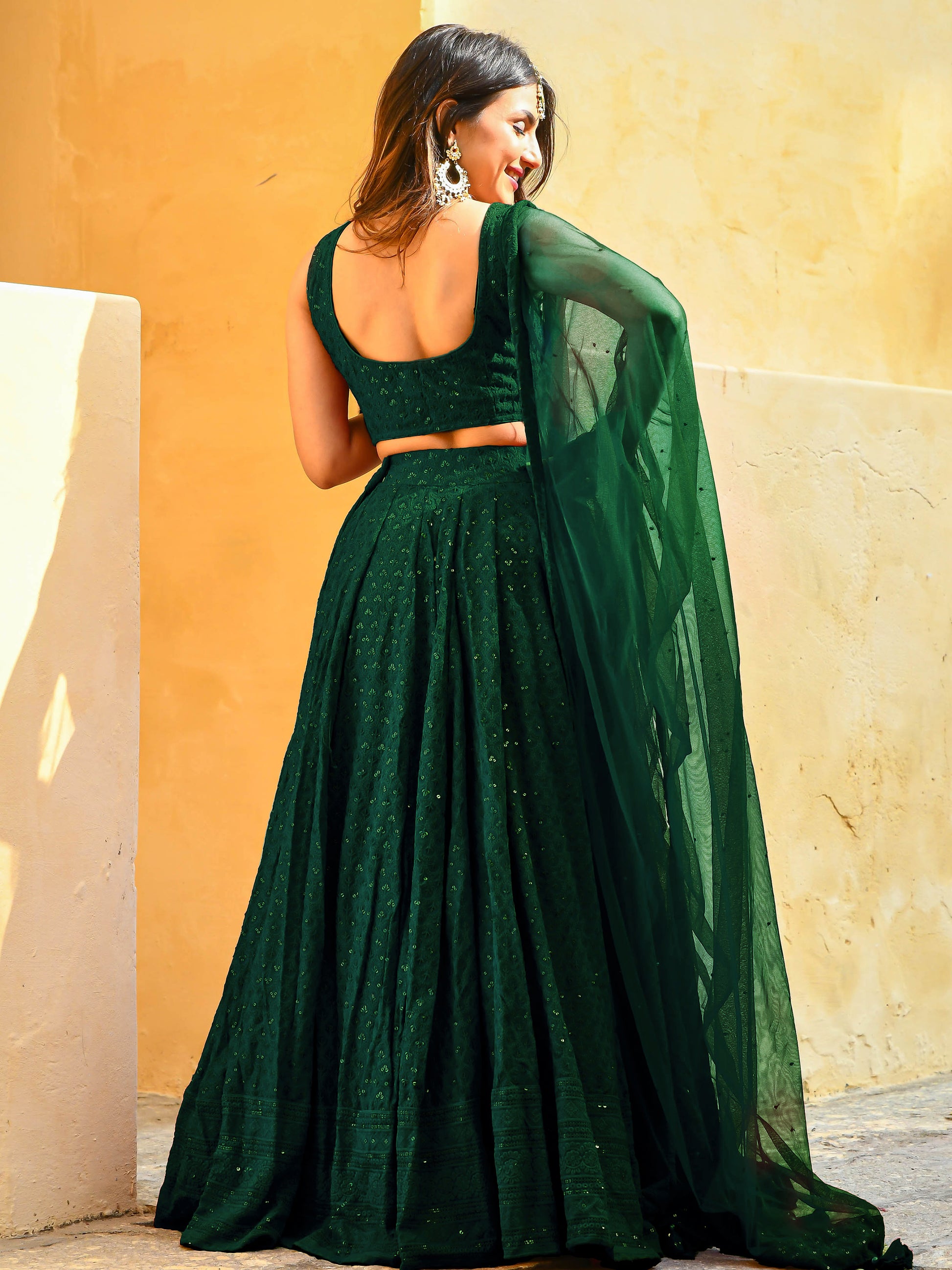 Beautiful Bottle Green Sequins Georgette Party Wear Lehenga Choli With dupatta