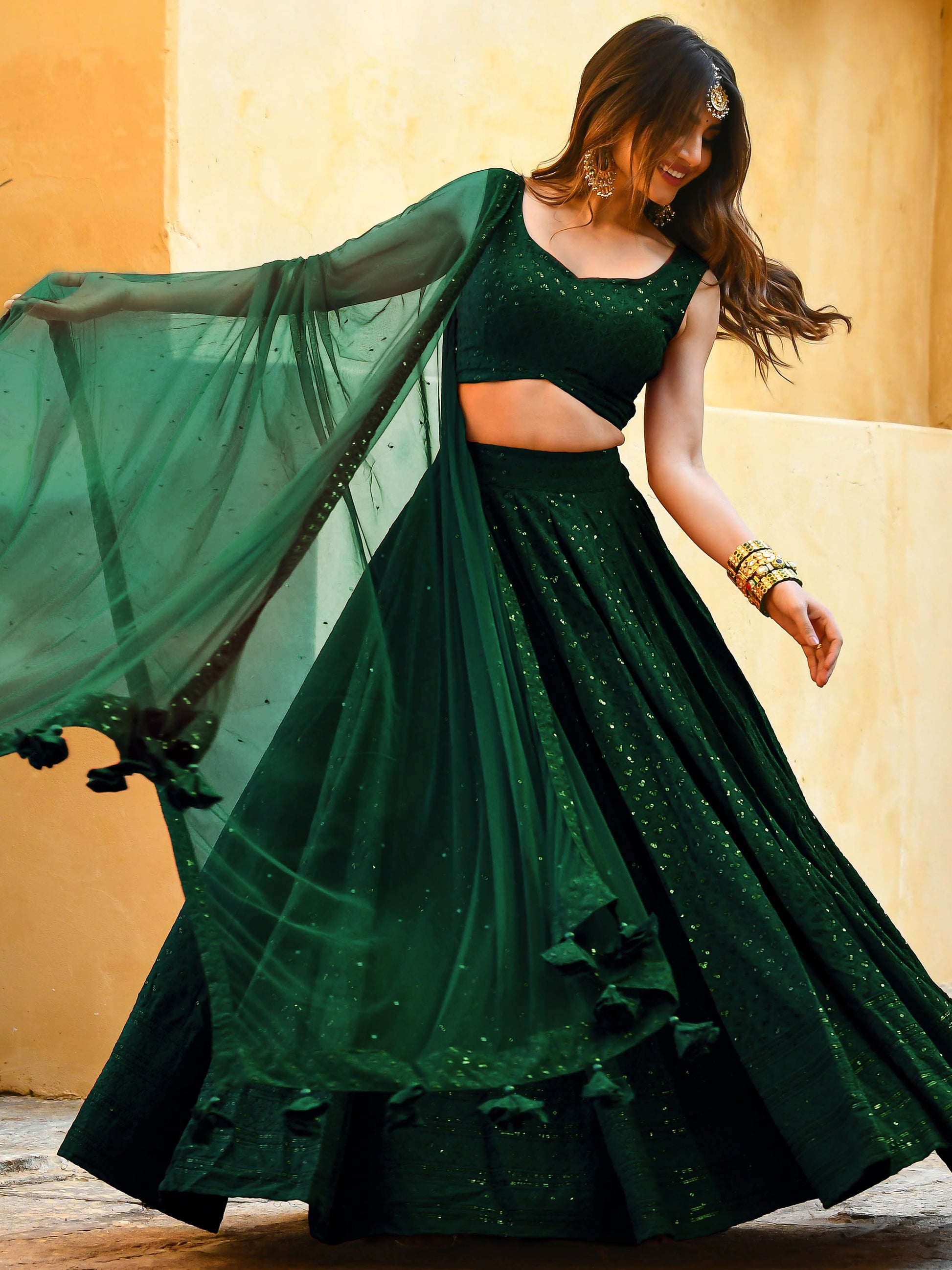 Beautiful Bottle Green Sequins Georgette Party Wear Lehenga Choli With dupatta