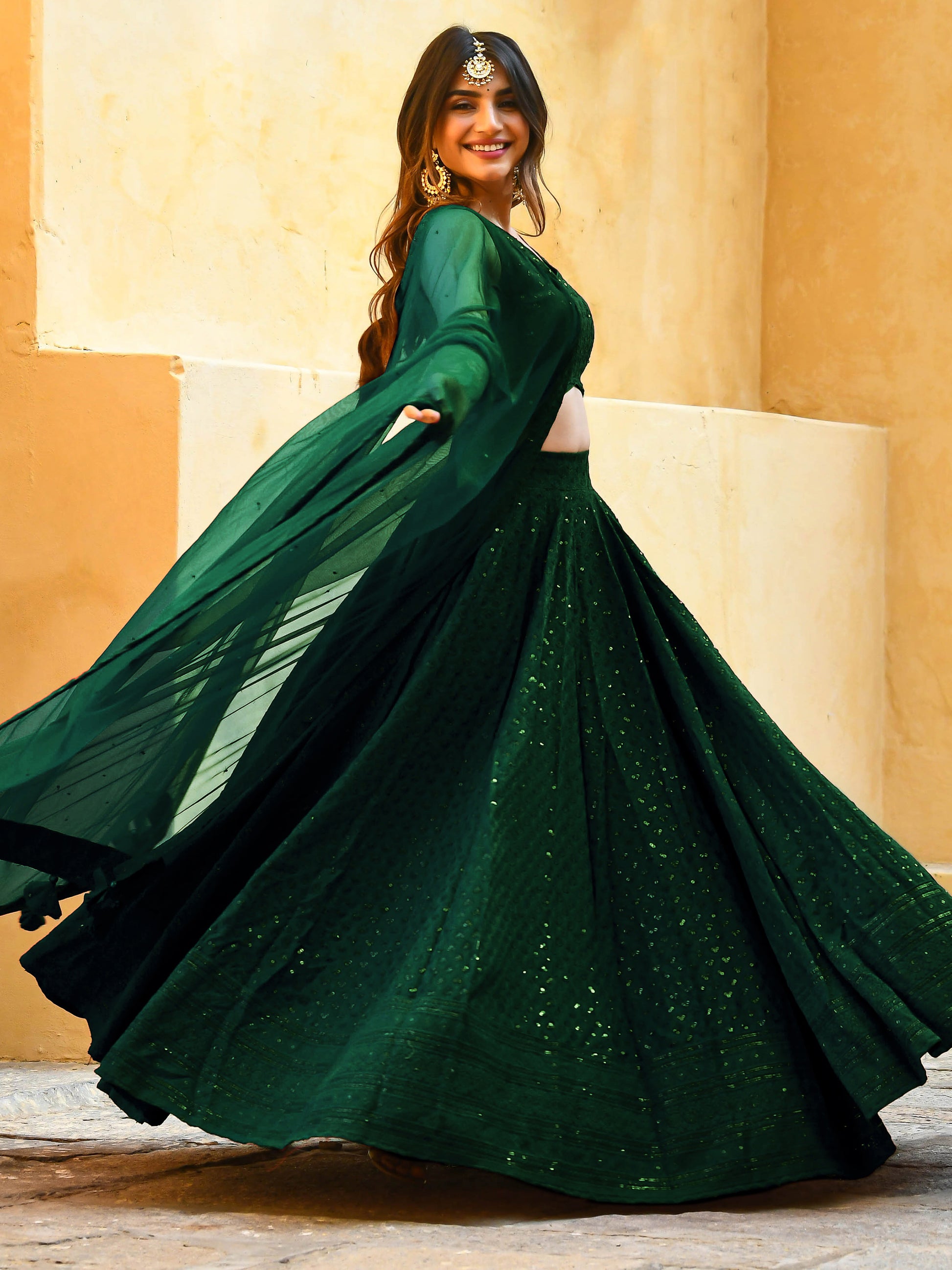 Beautiful Bottle Green Sequins Georgette Party Wear Lehenga Choli With dupatta