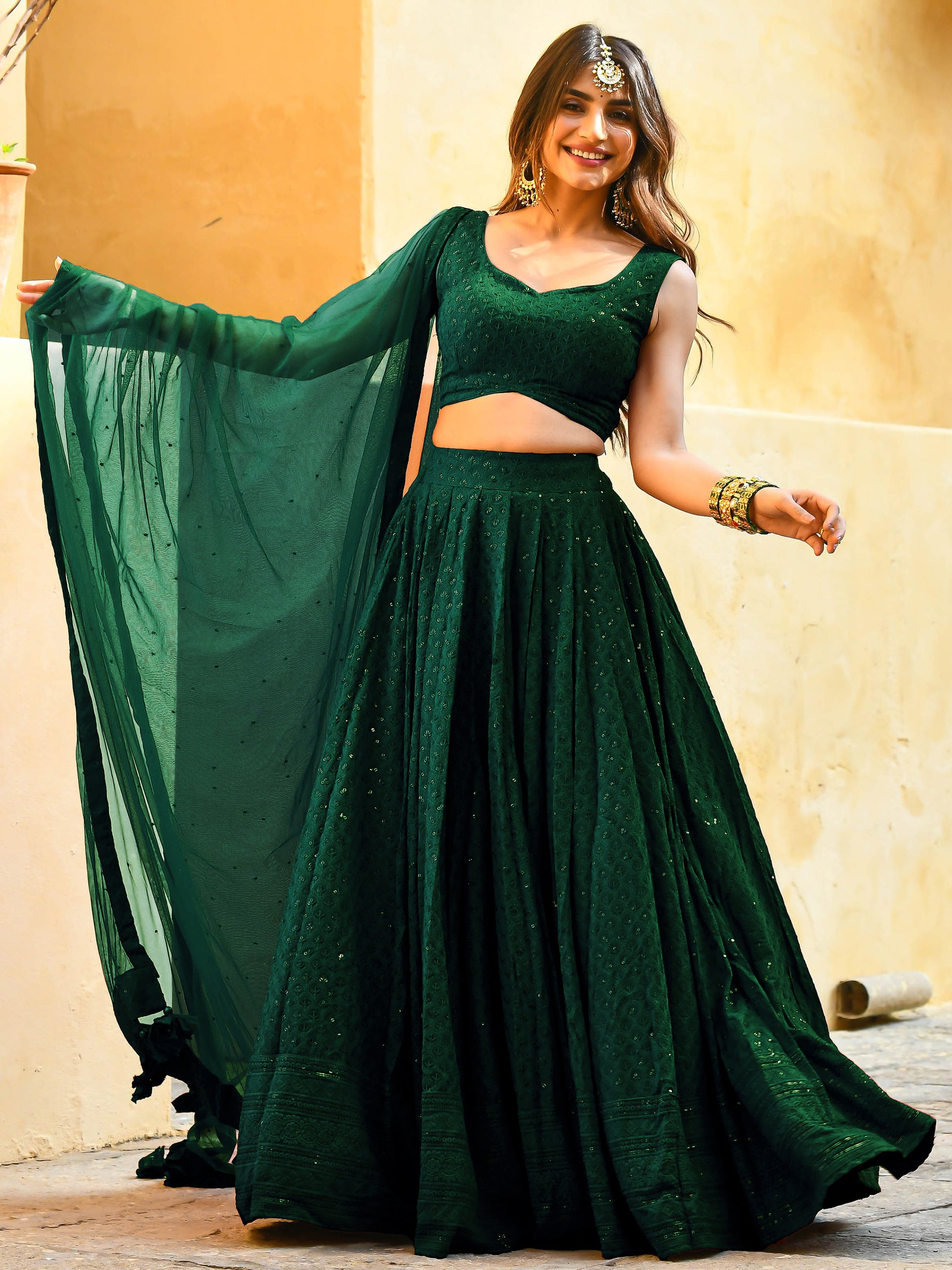 Beautiful Bottle Green Sequins Georgette Party Wear Lehenga Choli With dupatta