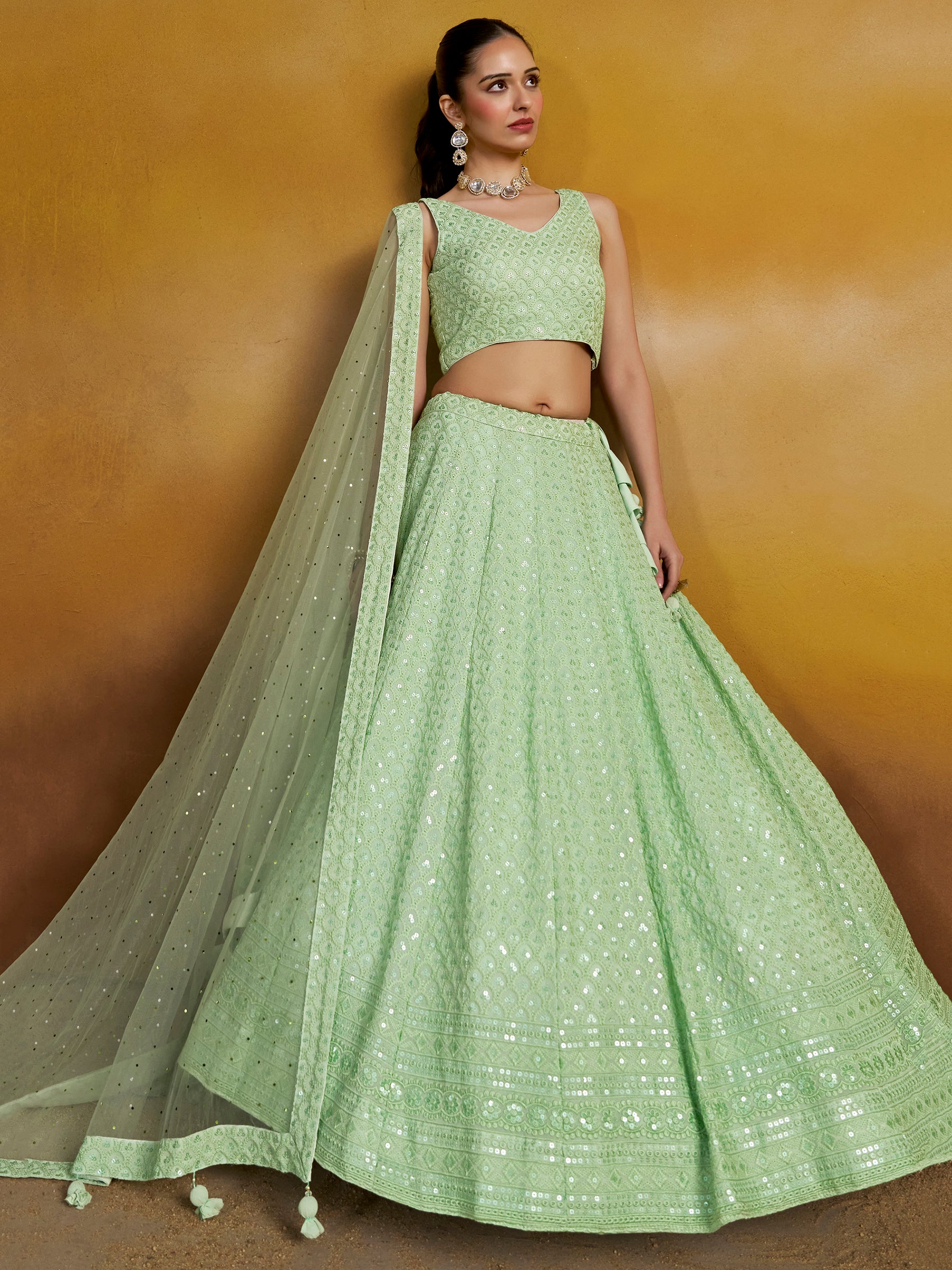 Amazing Mint Green Thread Work Georgette Event Wear Lehenga Choli