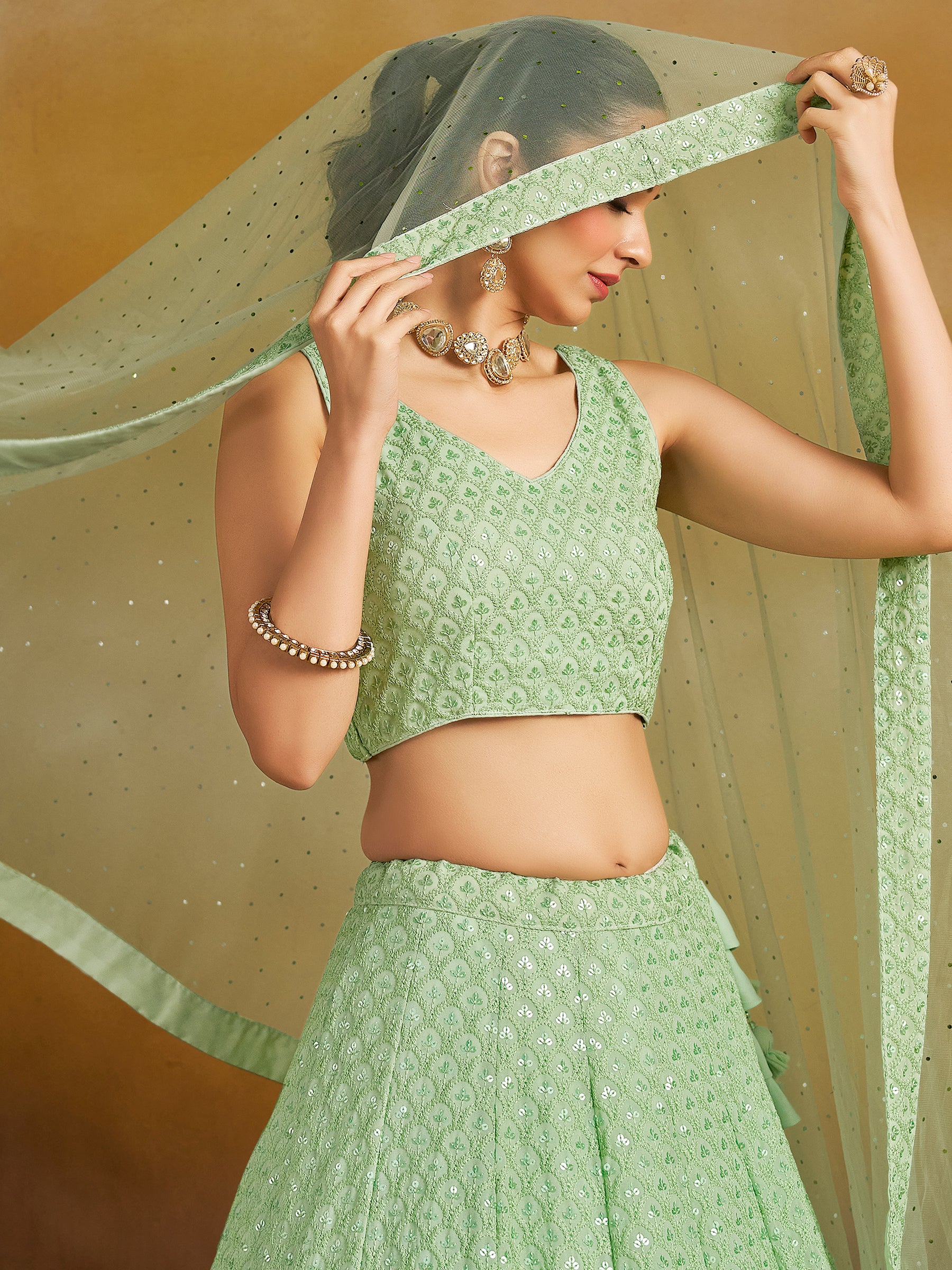 Amazing Mint Green Thread Work Georgette Event Wear Lehenga Choli