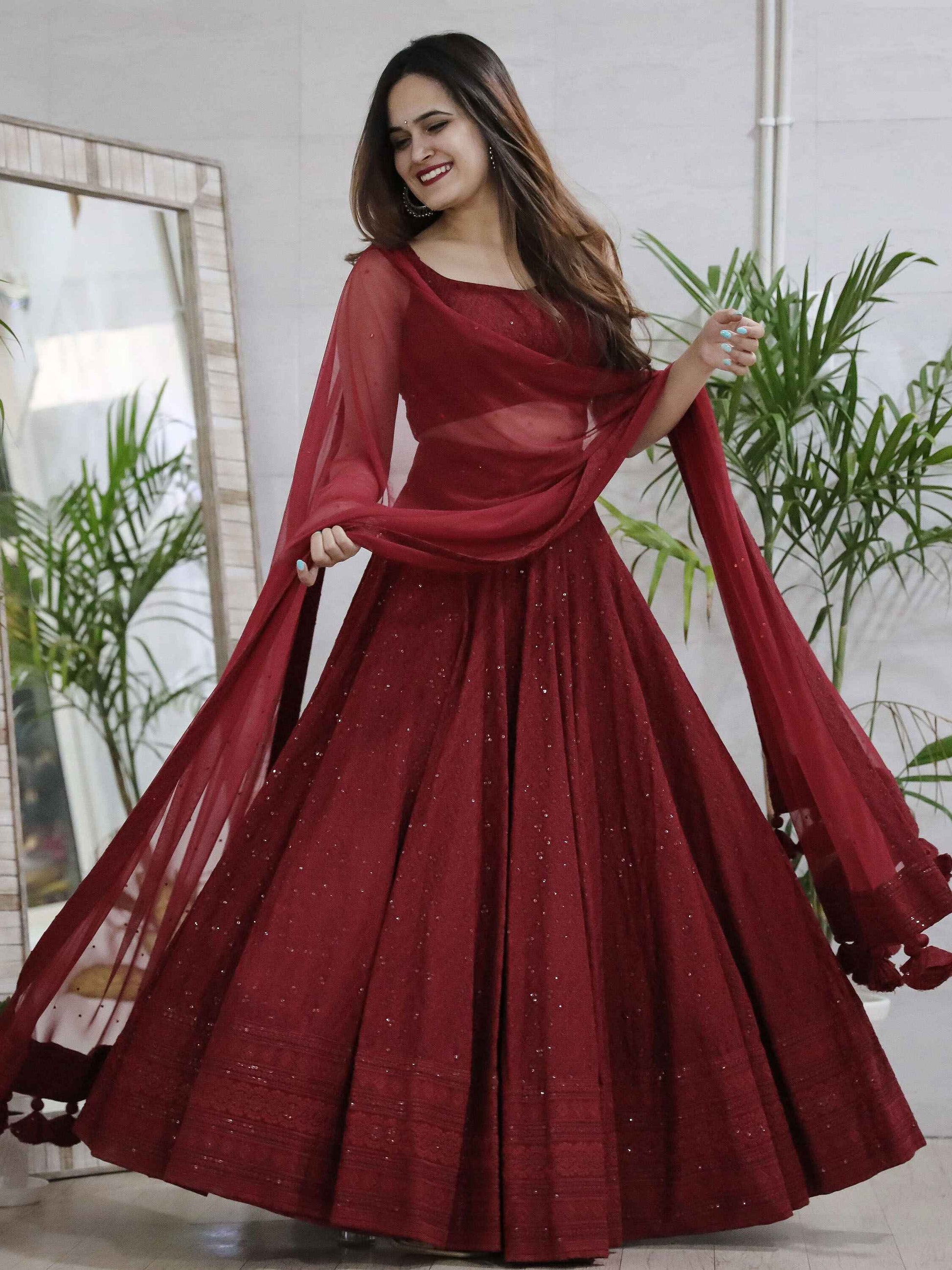 Delightful Maroon Sequins Georgette Wedding Lehenga Choli With Dupatta