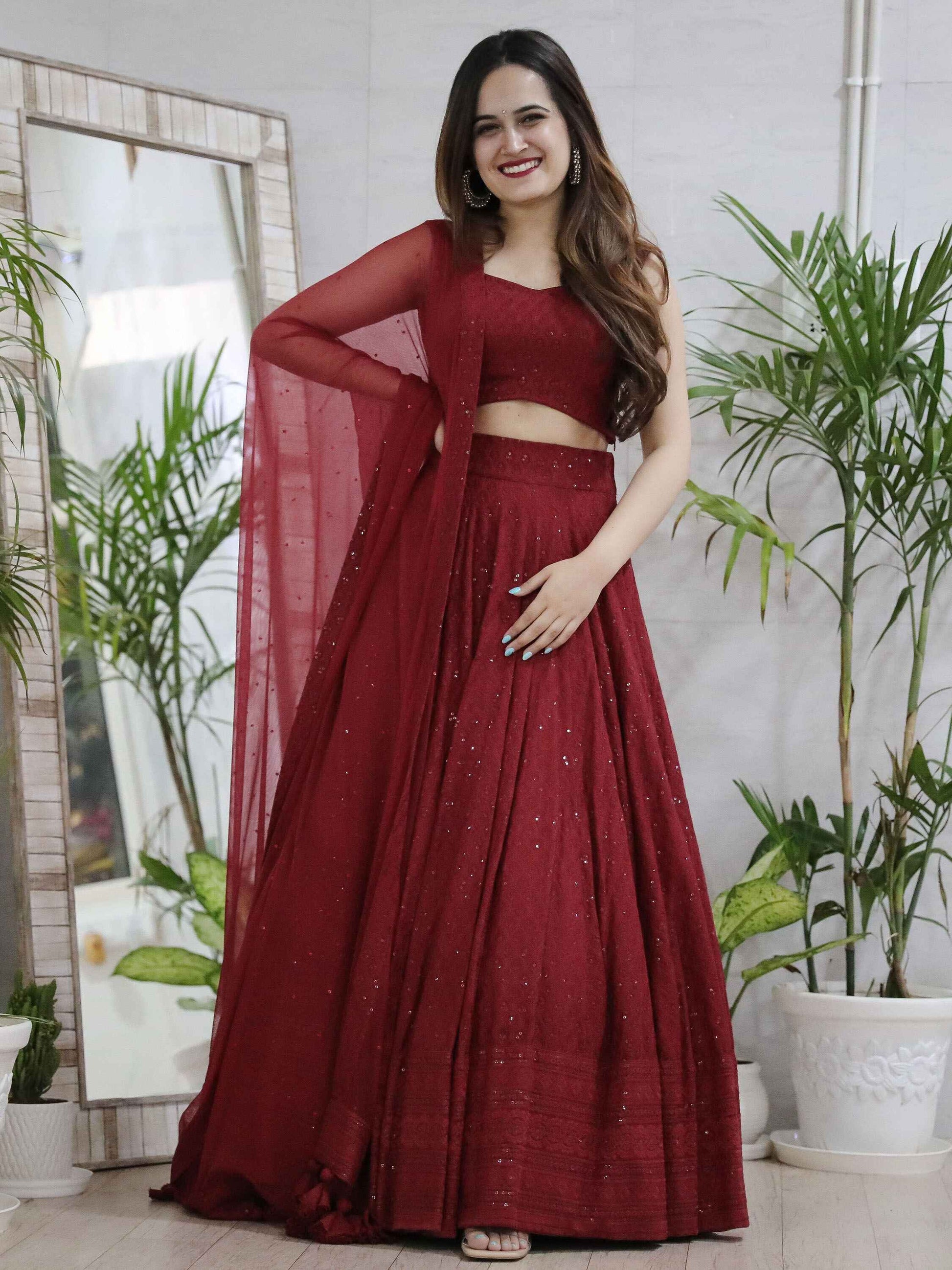 Delightful Maroon Sequins Georgette Wedding Lehenga Choli With Dupatta