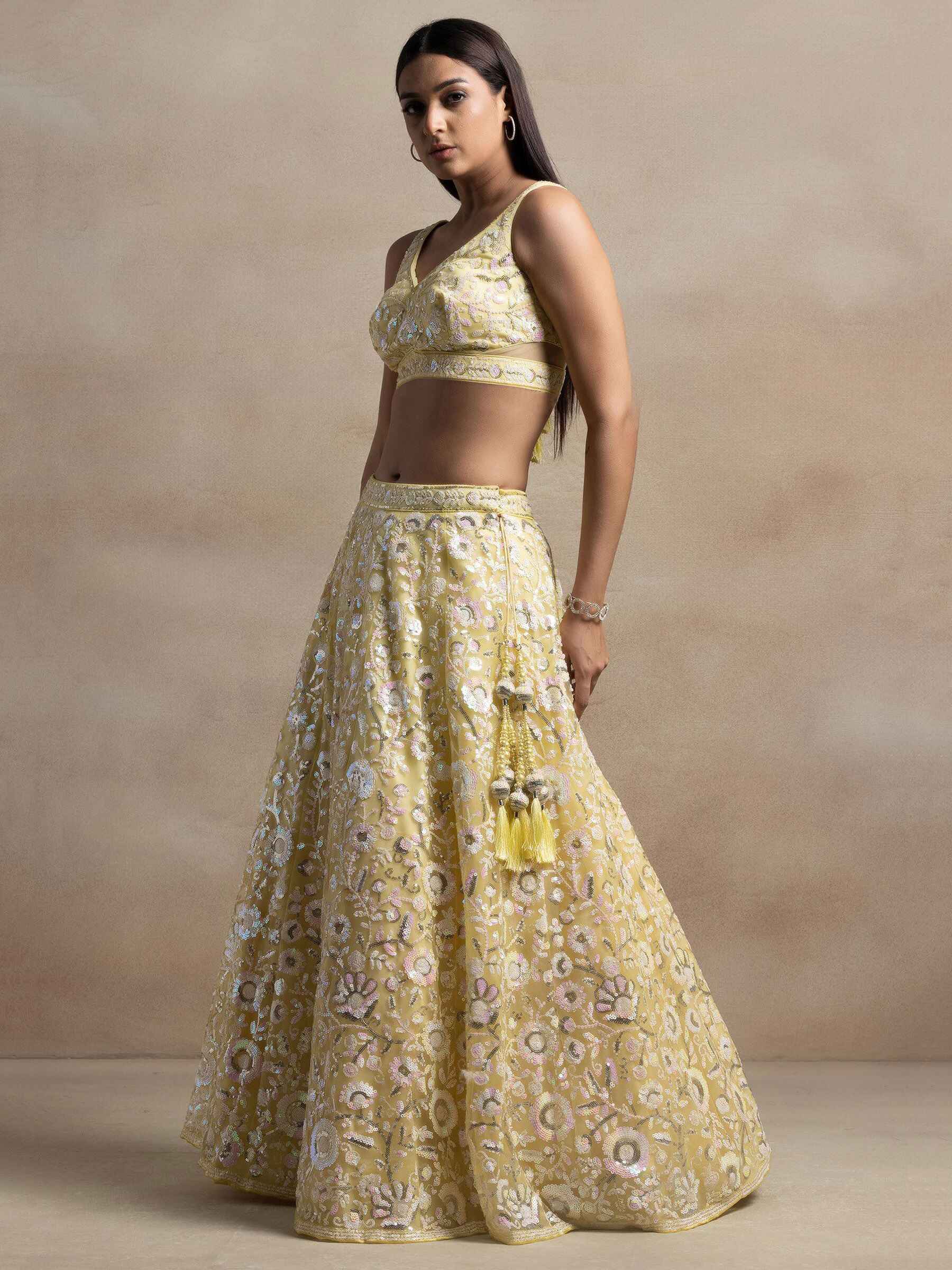 Unique Yellow Sequins Net Haldi Wear Lehenga Choli With Dupatta