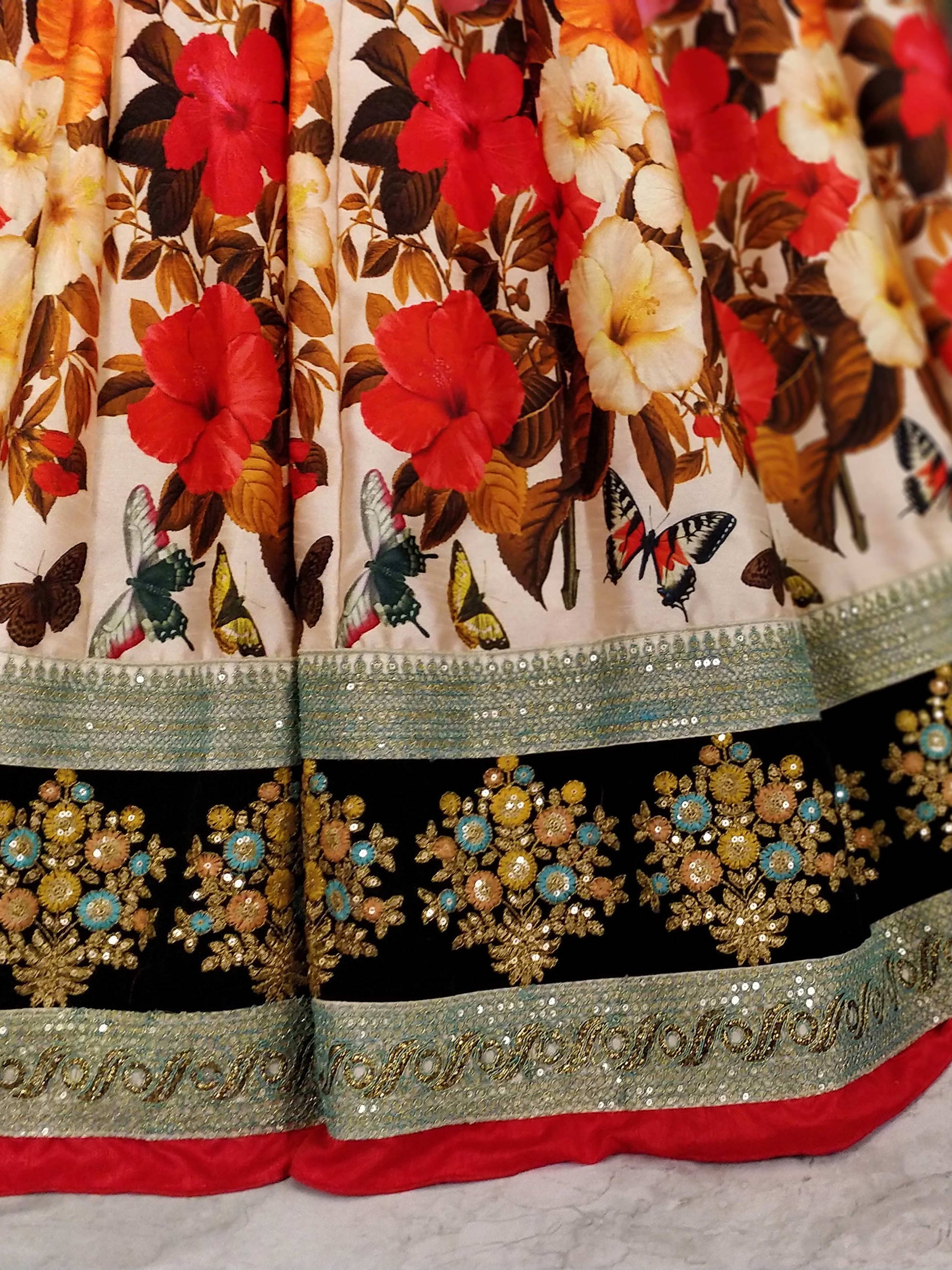Beautiful Cream Floral Printed Silk Wedding Lehenga Choli With Dupatta