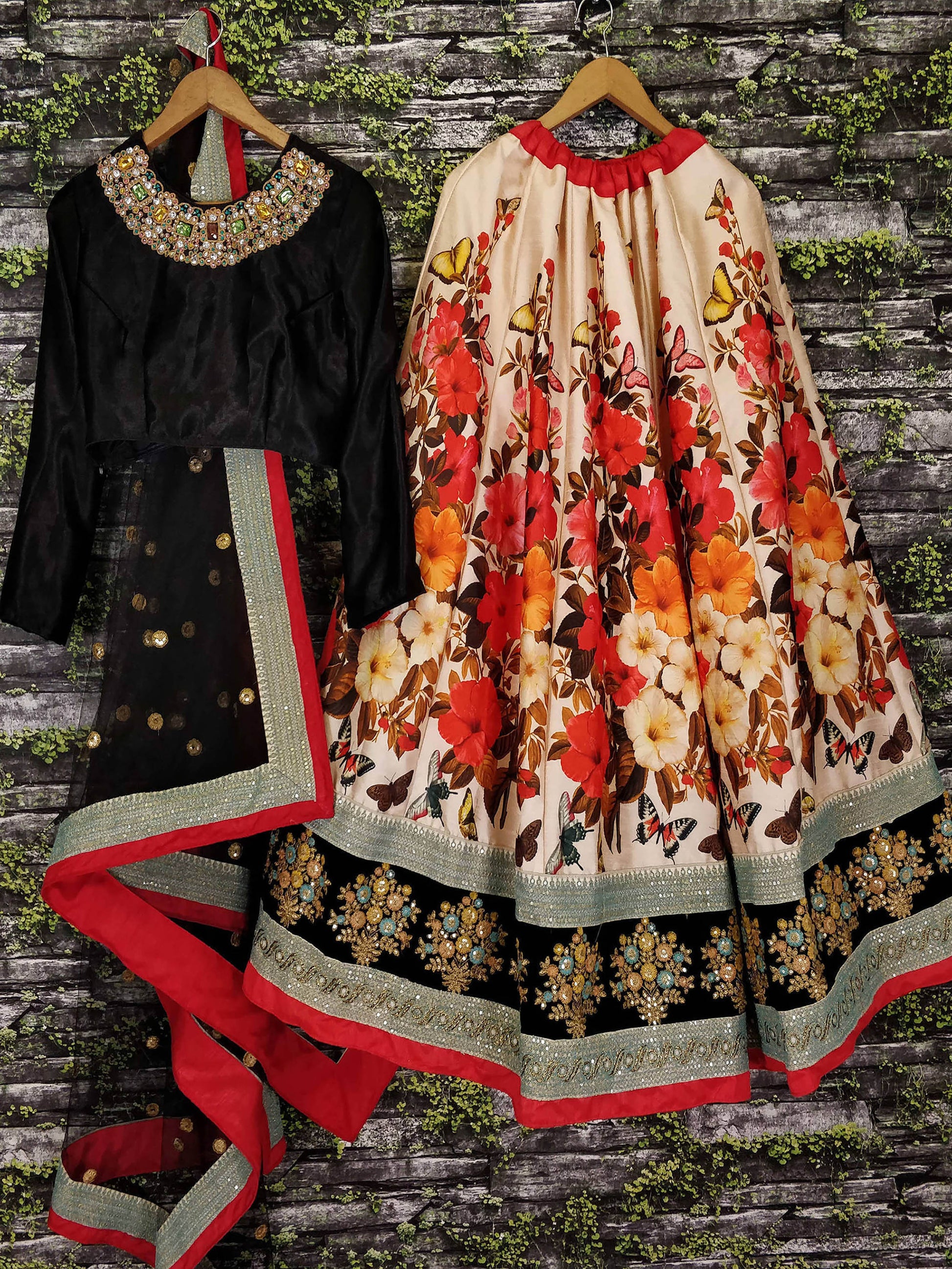 Beautiful Cream Floral Printed Silk Wedding Lehenga Choli With Dupatta